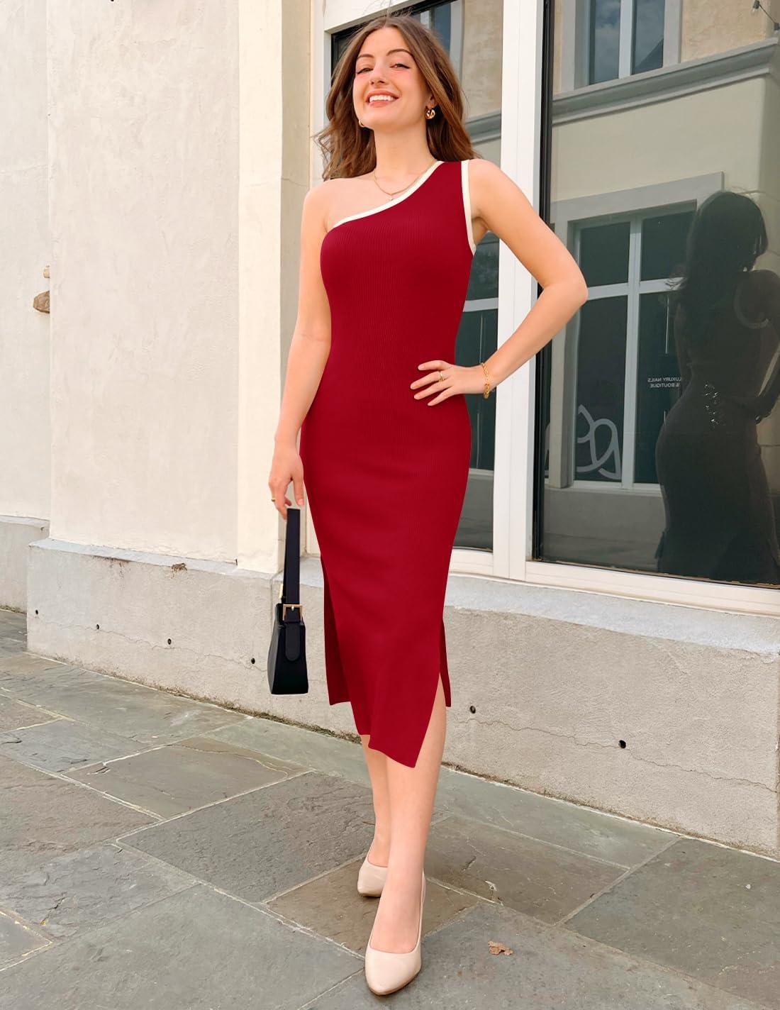 imageZESICA Womens 2025 Summer One Shoulder Bodycon Midi Dresses Casual Sleeveless Ribbed Knit Side Slit Sweater DressRed