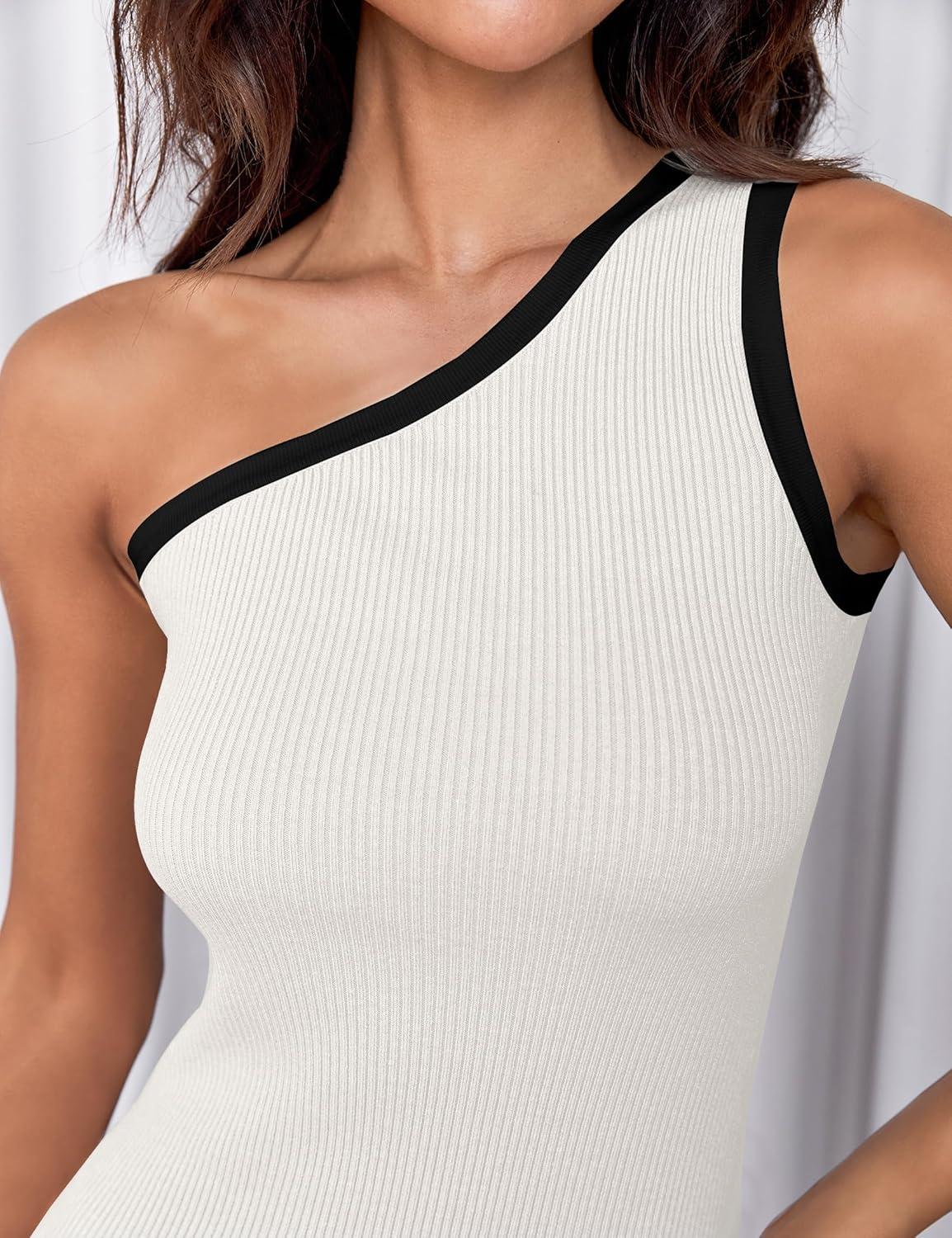 imageZESICA Womens 2025 Summer One Shoulder Bodycon Midi Dresses Casual Sleeveless Ribbed Knit Side Slit Sweater DressWhite