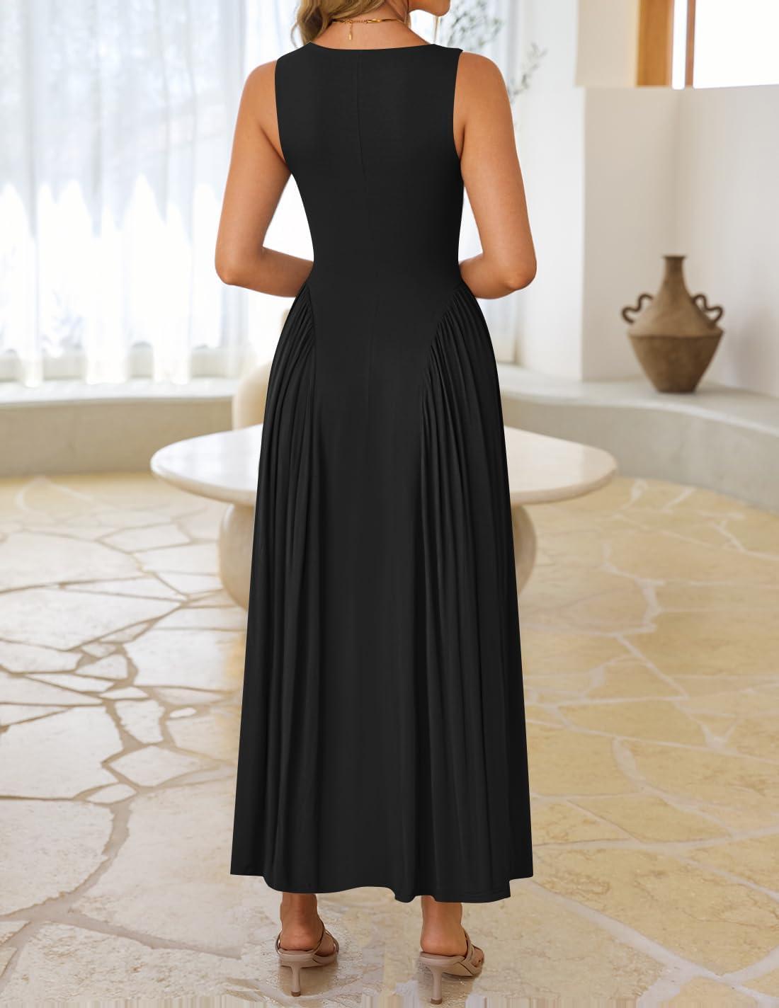 imageZESICA Womens 2025 Summer Sleeveless Square Neck Sundress Casual Long Flowy A Line Knit Dress Beach Vacation Maxi DressesBlack