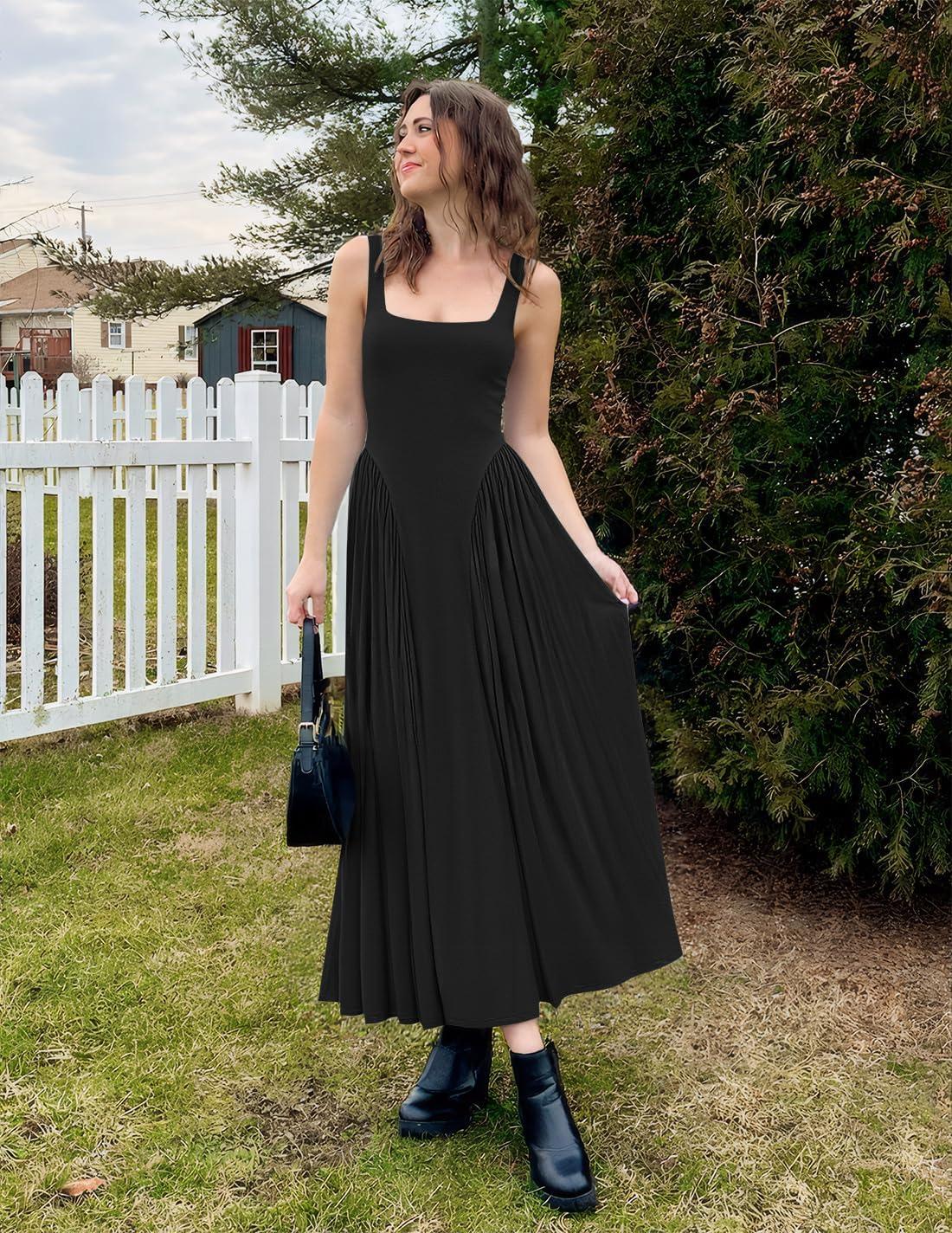 imageZESICA Womens 2025 Summer Sleeveless Square Neck Sundress Casual Long Flowy A Line Knit Dress Beach Vacation Maxi DressesBlack