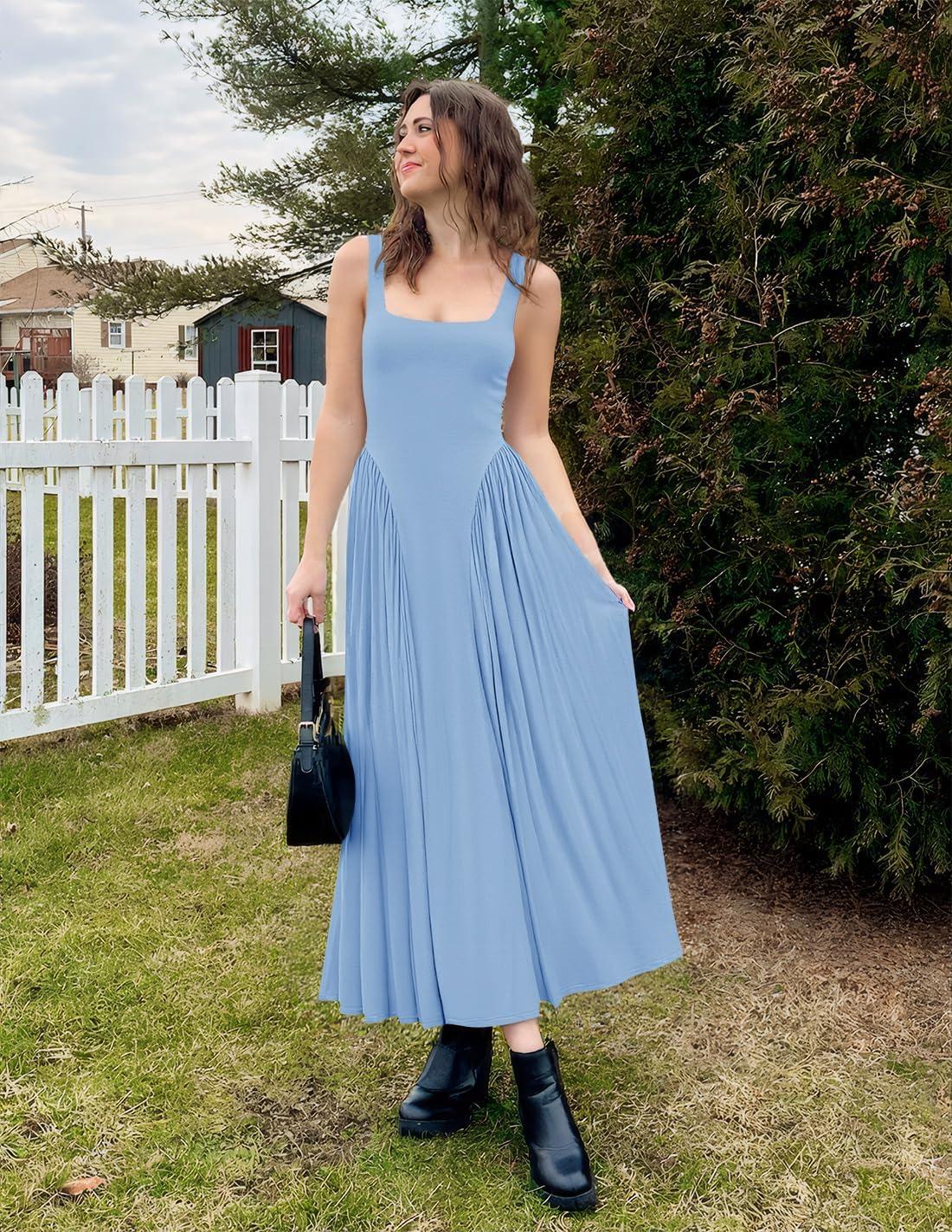imageZESICA Womens 2025 Summer Sleeveless Square Neck Sundress Casual Long Flowy A Line Knit Dress Beach Vacation Maxi DressesBlue