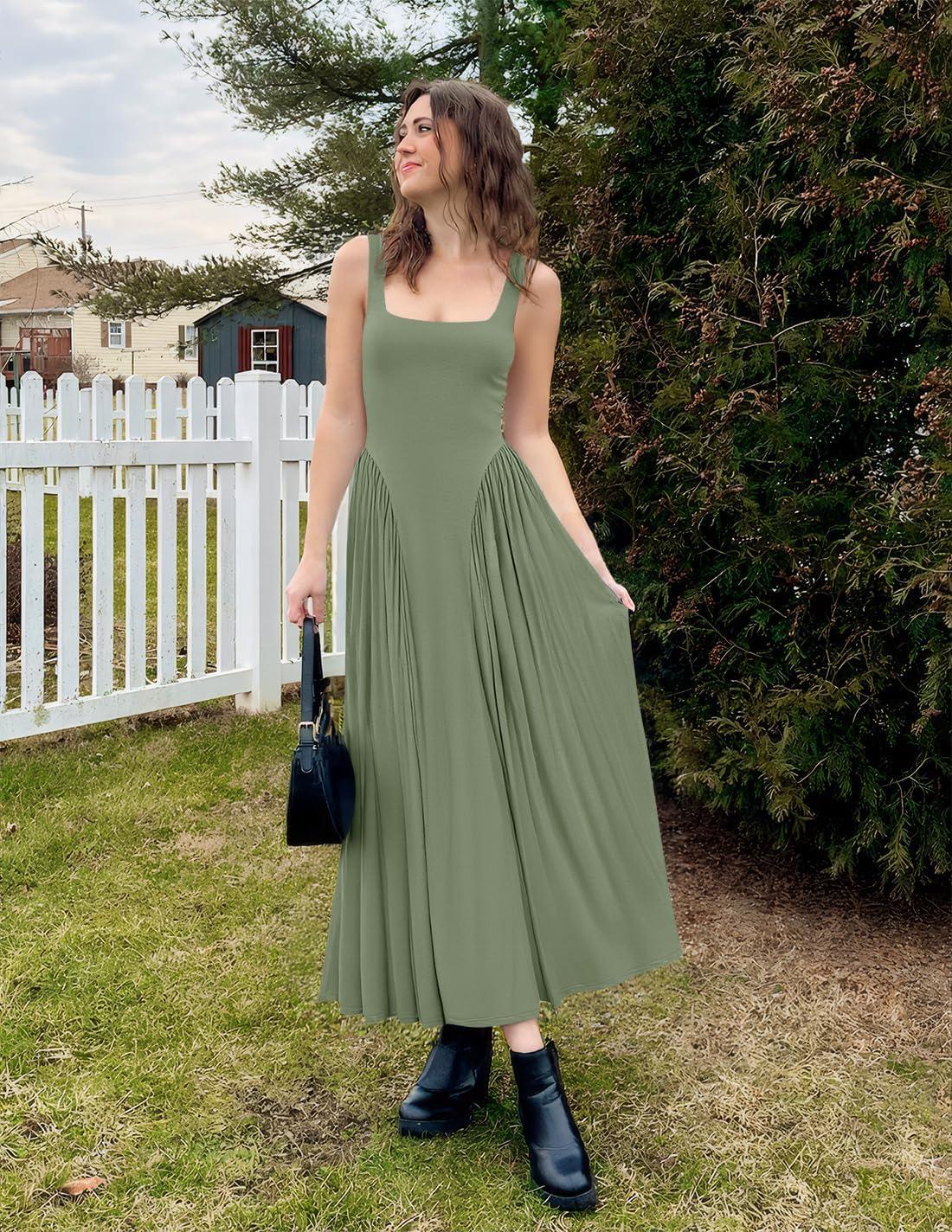 imageZESICA Womens 2025 Summer Sleeveless Square Neck Sundress Casual Long Flowy A Line Knit Dress Beach Vacation Maxi DressesGreen