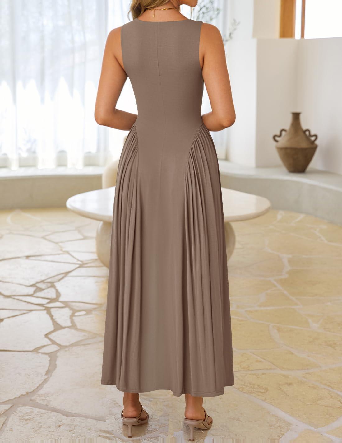 imageZESICA Womens 2025 Summer Sleeveless Square Neck Sundress Casual Long Flowy A Line Knit Dress Beach Vacation Maxi DressesKhaki