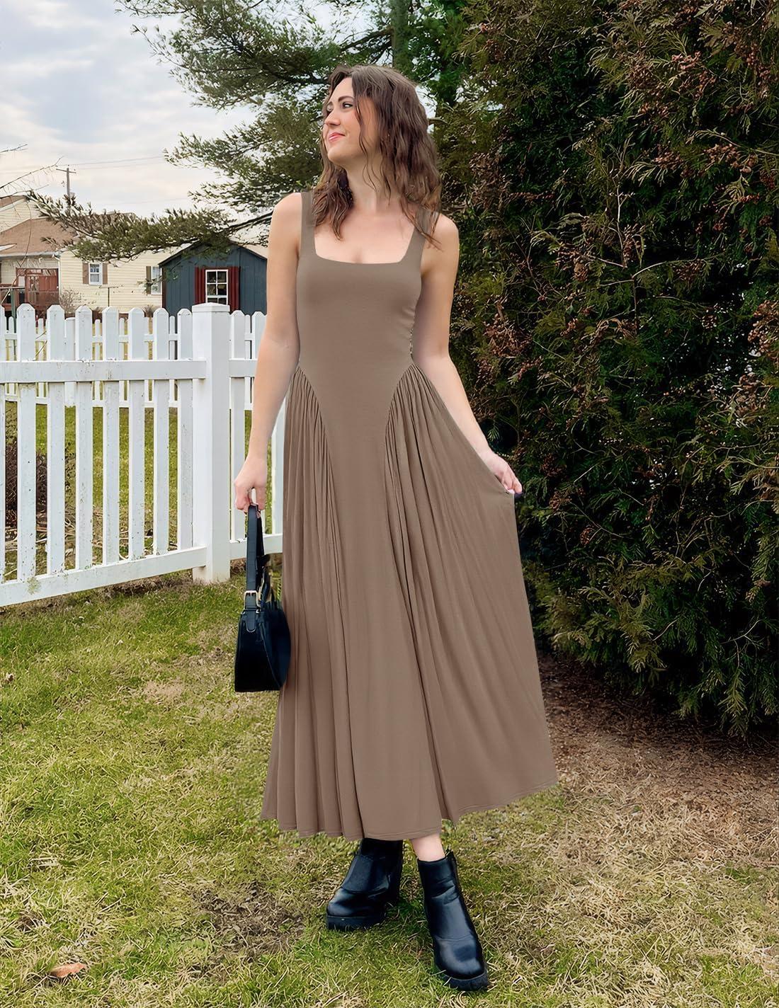 imageZESICA Womens 2025 Summer Sleeveless Square Neck Sundress Casual Long Flowy A Line Knit Dress Beach Vacation Maxi DressesKhaki