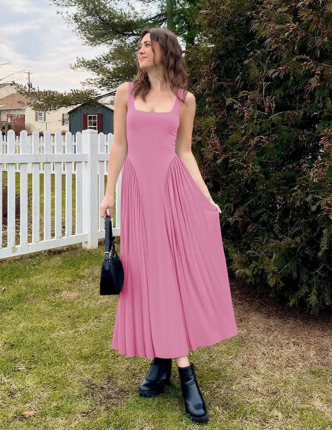 imageZESICA Womens 2025 Summer Sleeveless Square Neck Sundress Casual Long Flowy A Line Knit Dress Beach Vacation Maxi DressesPink