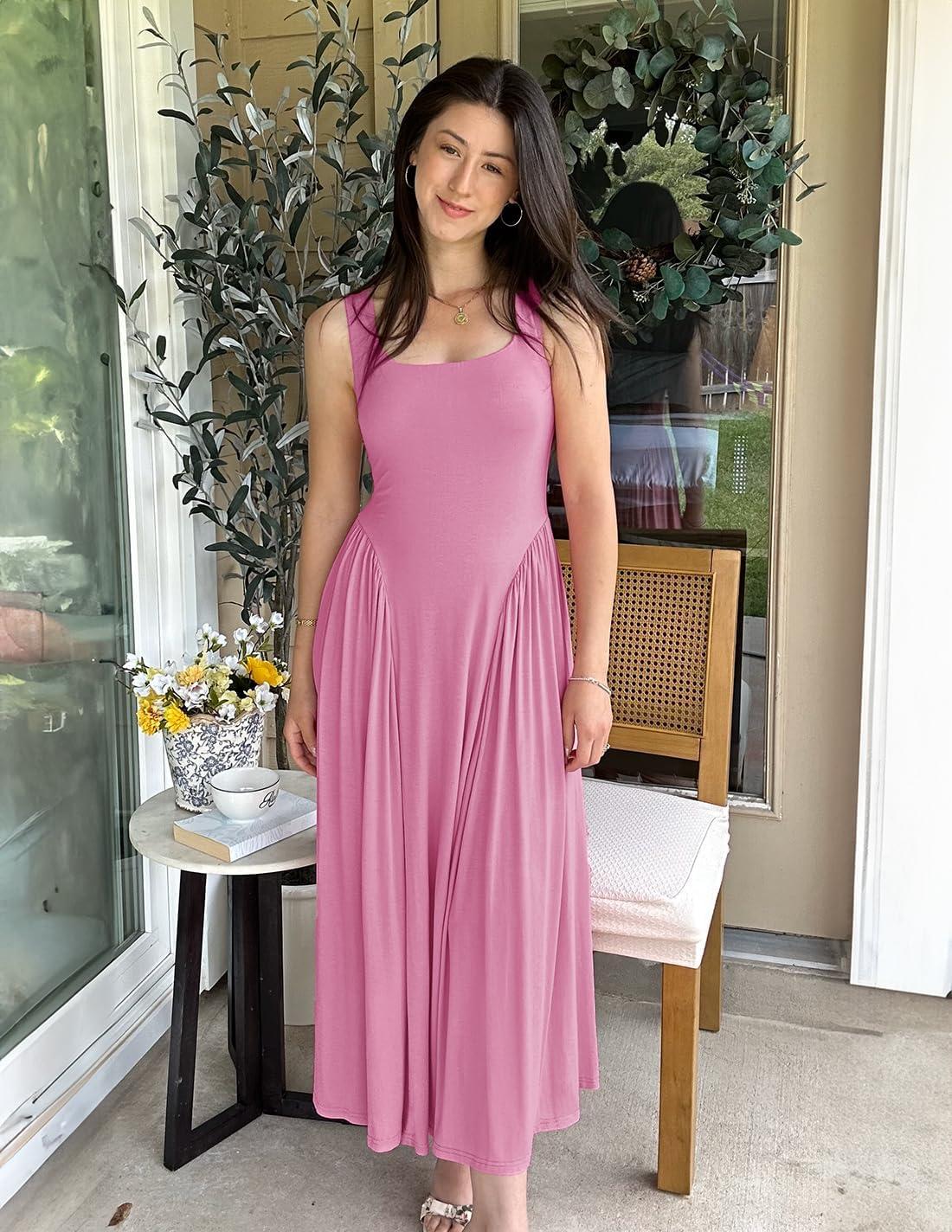 imageZESICA Womens 2025 Summer Sleeveless Square Neck Sundress Casual Long Flowy A Line Knit Dress Beach Vacation Maxi DressesPink
