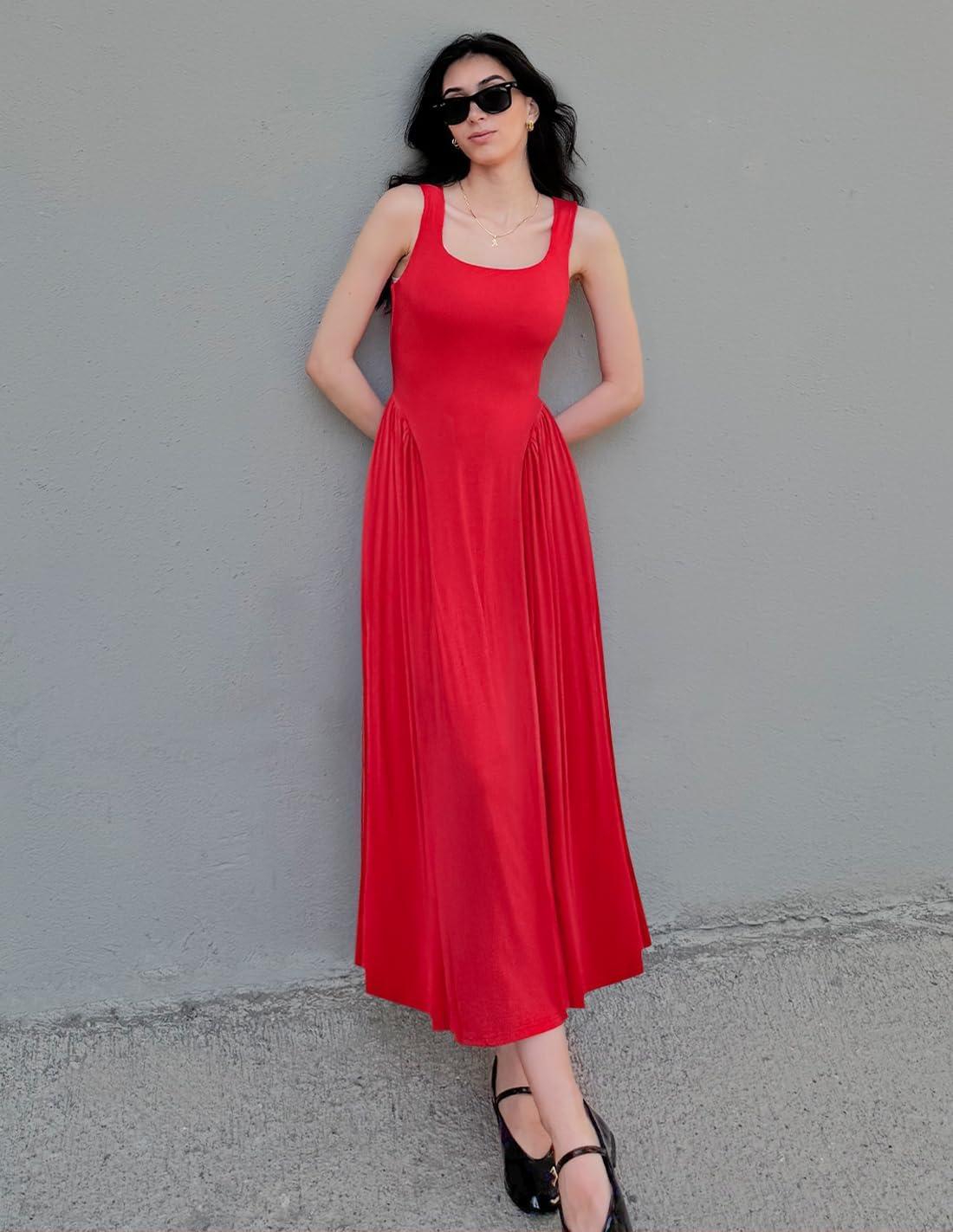 imageZESICA Womens 2025 Summer Sleeveless Square Neck Sundress Casual Long Flowy A Line Knit Dress Beach Vacation Maxi DressesRed