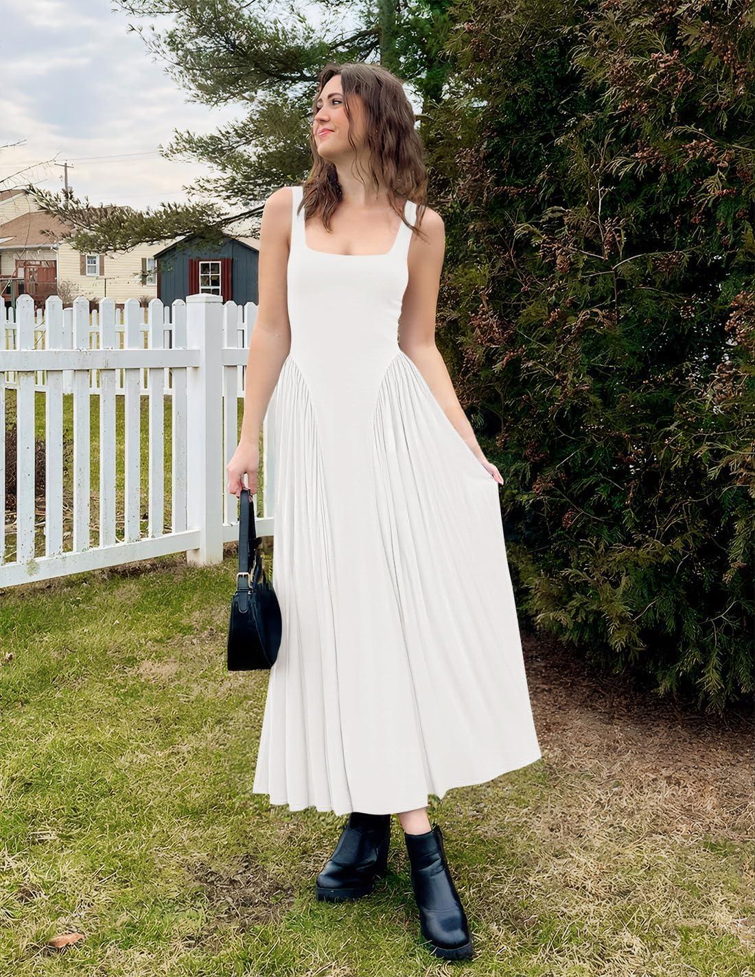 imageZESICA Womens 2025 Summer Sleeveless Square Neck Sundress Casual Long Flowy A Line Knit Dress Beach Vacation Maxi DressesWhite