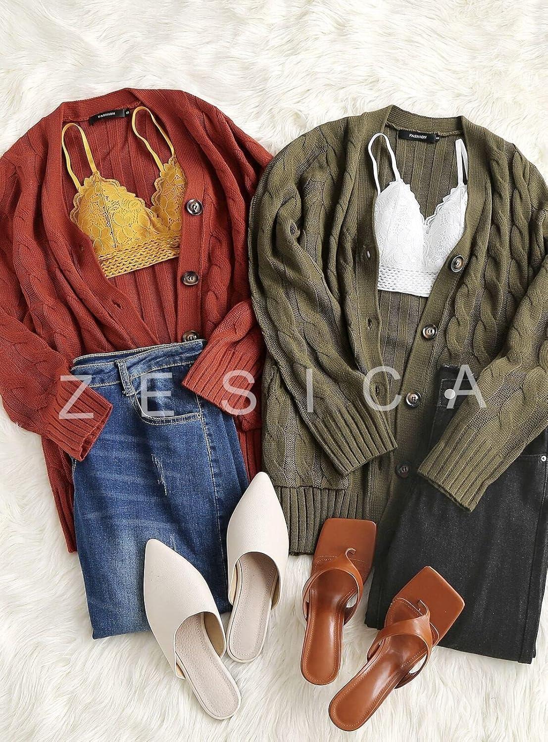 imageZESICA Womens Cardigan Sweaters Fall Button Down Open Front Cable Knit Casual Trendy Winter Clothing OuterwearArmygreen