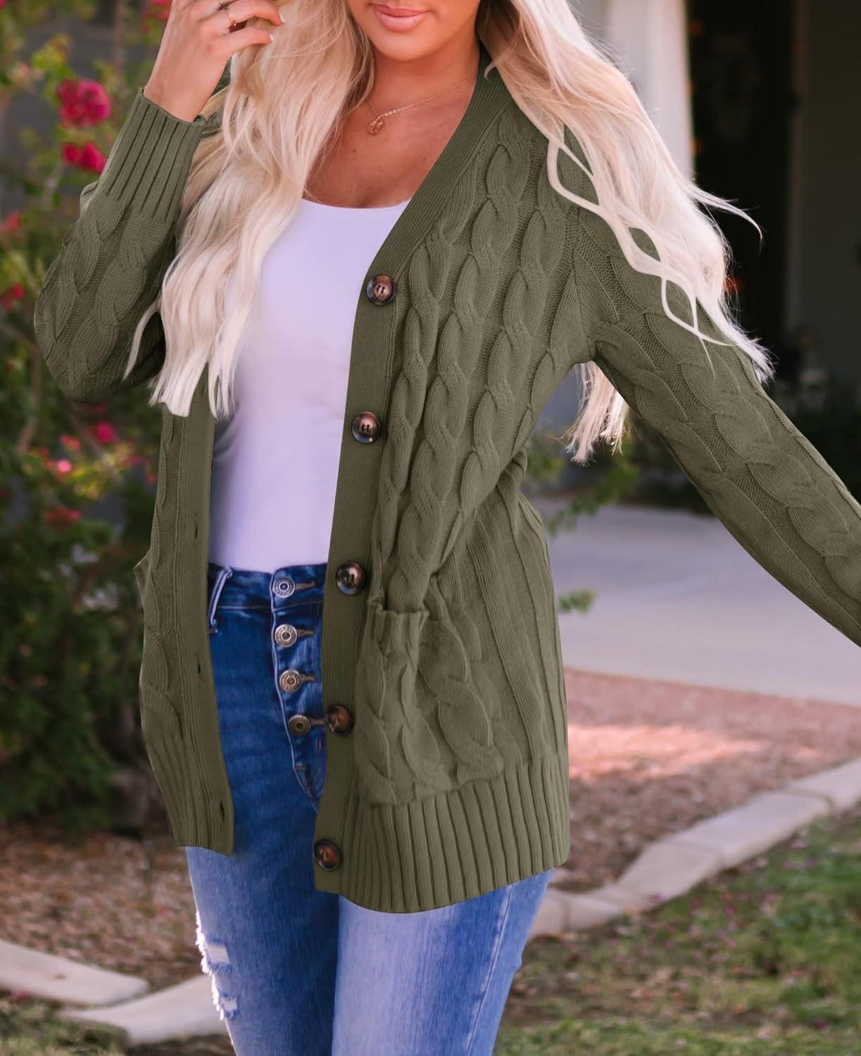 imageZESICA Womens Cardigan Sweaters Fall Button Down Open Front Cable Knit Casual Trendy Winter Clothing OuterwearArmygreen
