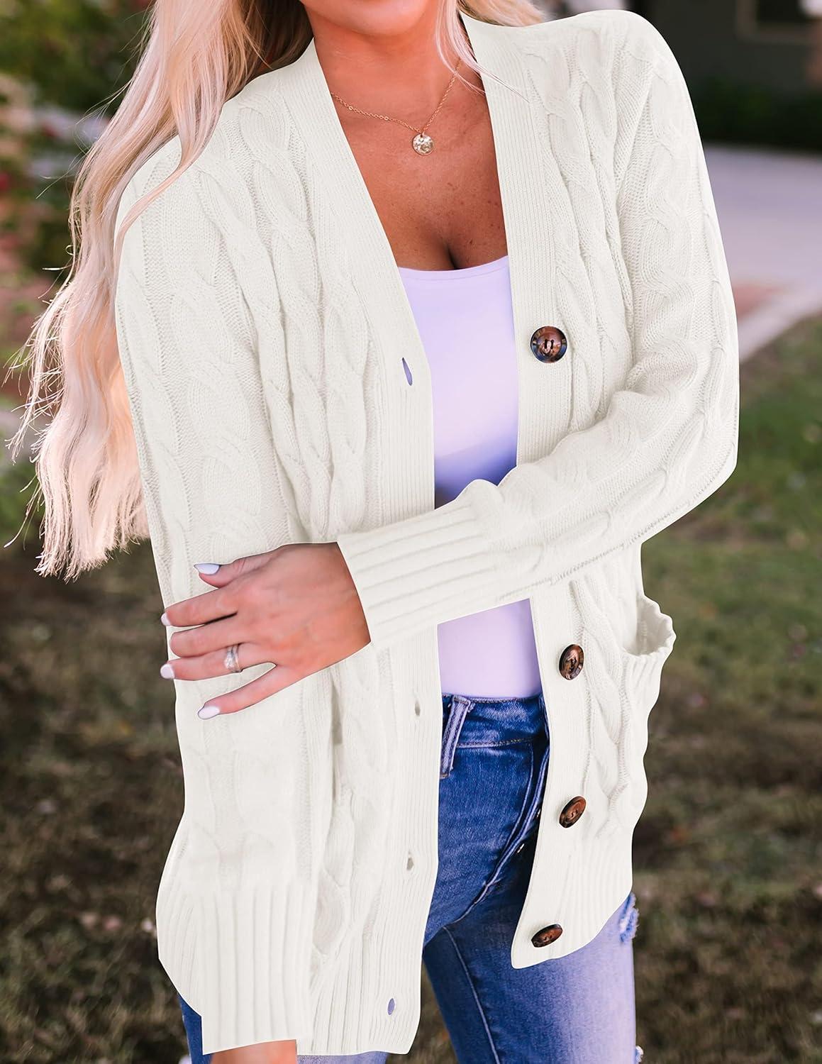 imageZESICA Womens Cardigan Sweaters Fall Button Down Open Front Cable Knit Casual Trendy Winter Clothing OuterwearBeige