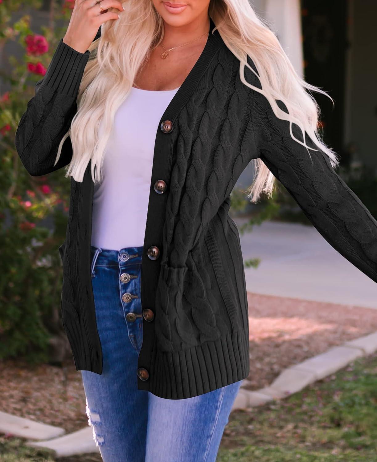 imageZESICA Womens Cardigan Sweaters Fall Button Down Open Front Cable Knit Casual Trendy Winter Clothing OuterwearBlack2