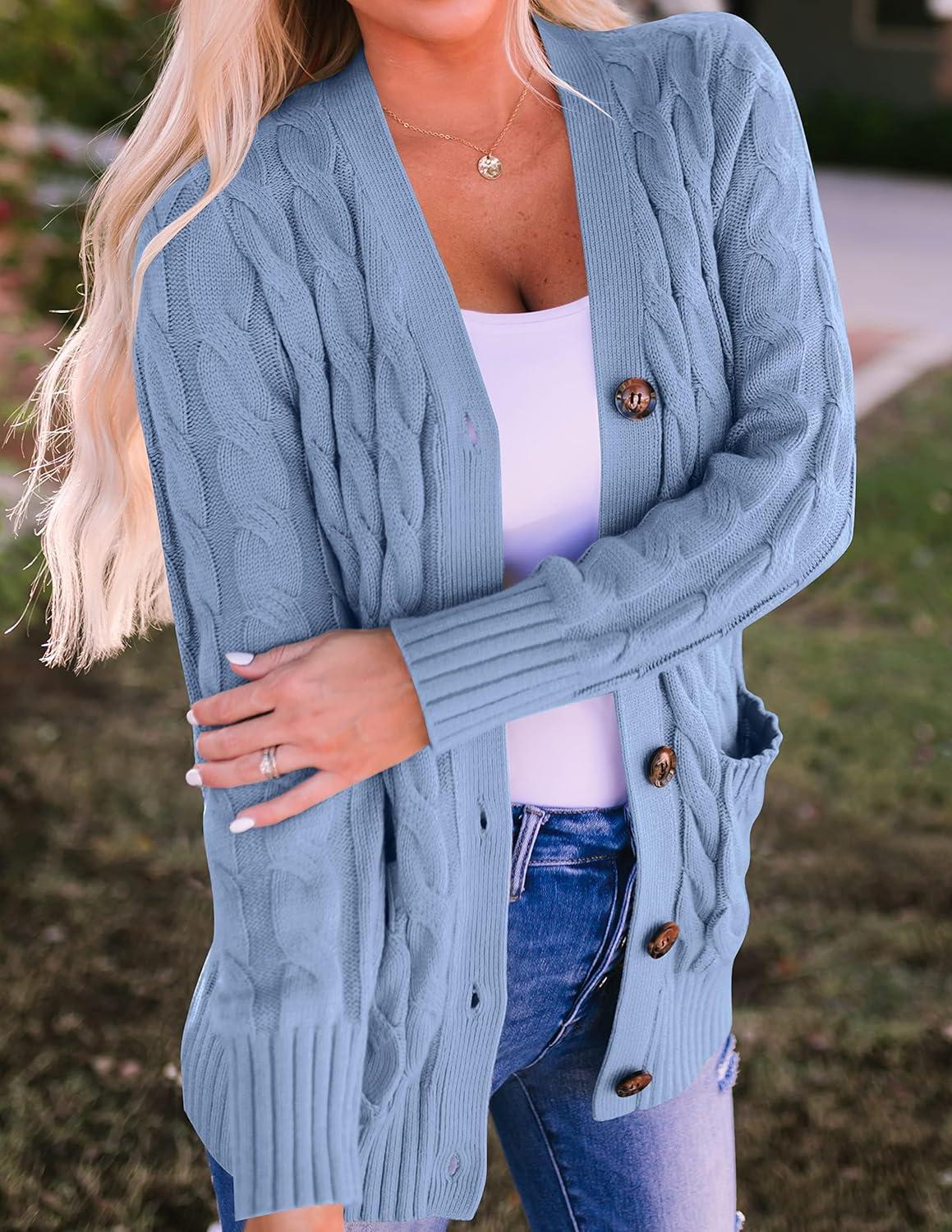 imageZESICA Womens Cardigan Sweaters Fall Button Down Open Front Cable Knit Casual Trendy Winter Clothing OuterwearBlue