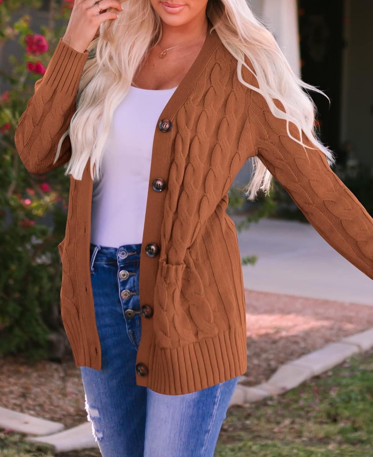 imageZESICA Womens Cardigan Sweaters Fall Button Down Open Front Cable Knit Casual Trendy Winter Clothing OuterwearBrown