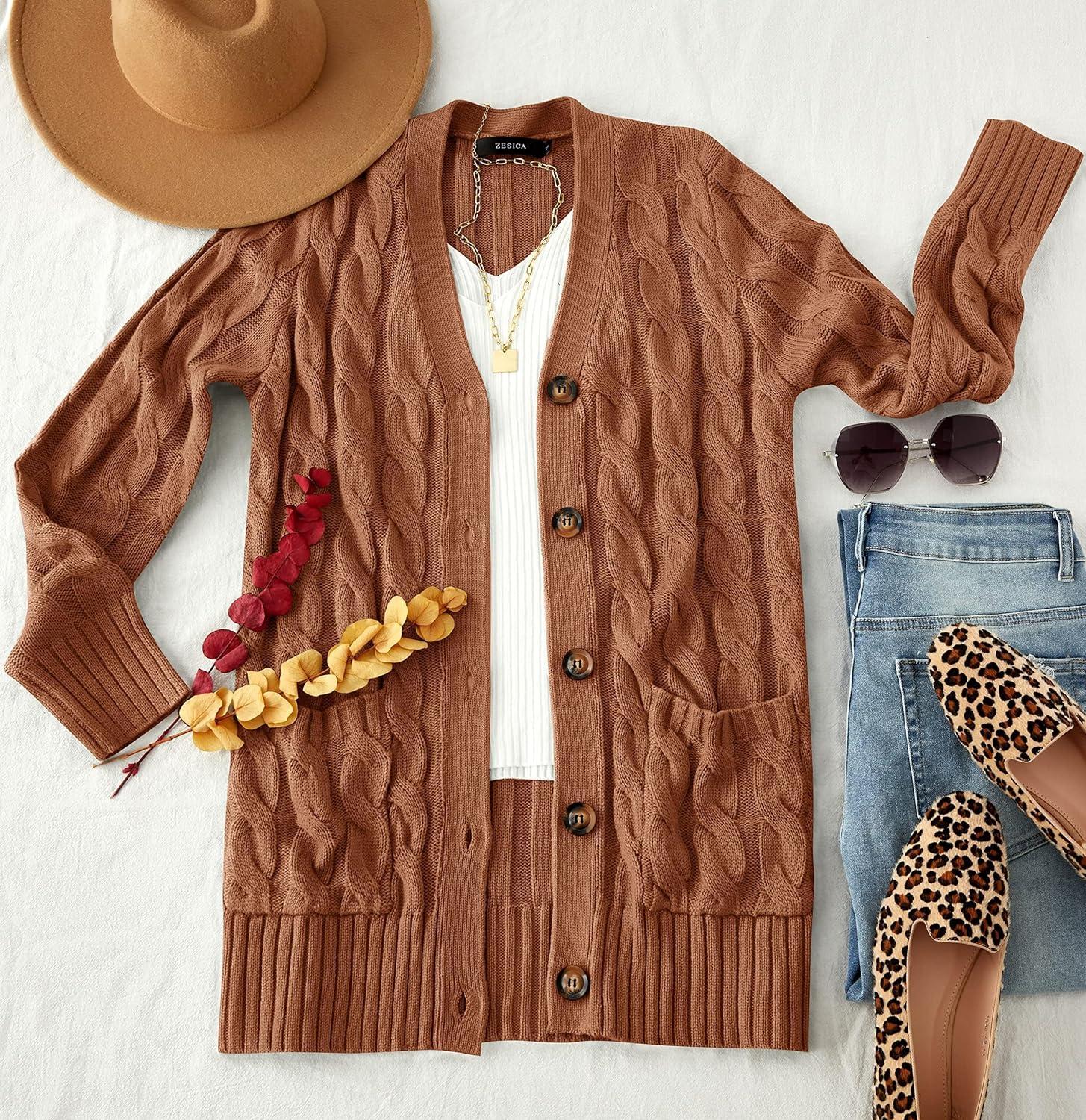 imageZESICA Womens Cardigan Sweaters Fall Button Down Open Front Cable Knit Casual Trendy Winter Clothing OuterwearBrown
