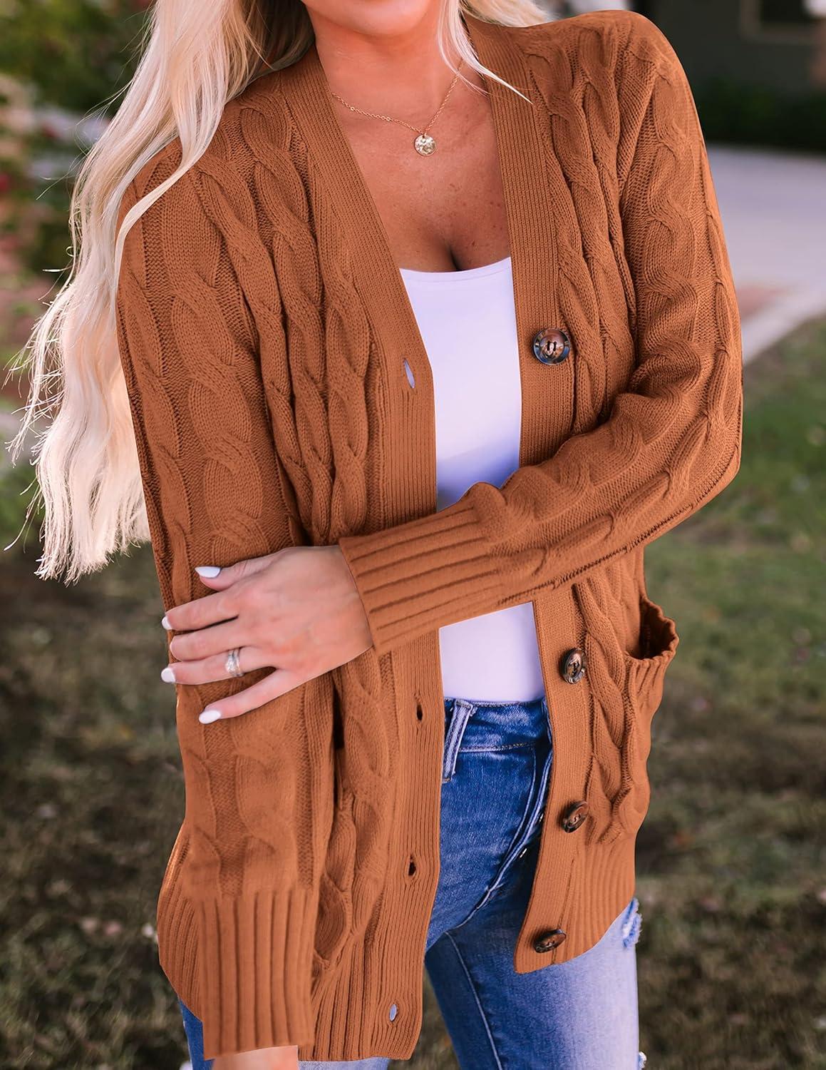 imageZESICA Womens Cardigan Sweaters Fall Button Down Open Front Cable Knit Casual Trendy Winter Clothing OuterwearBrown
