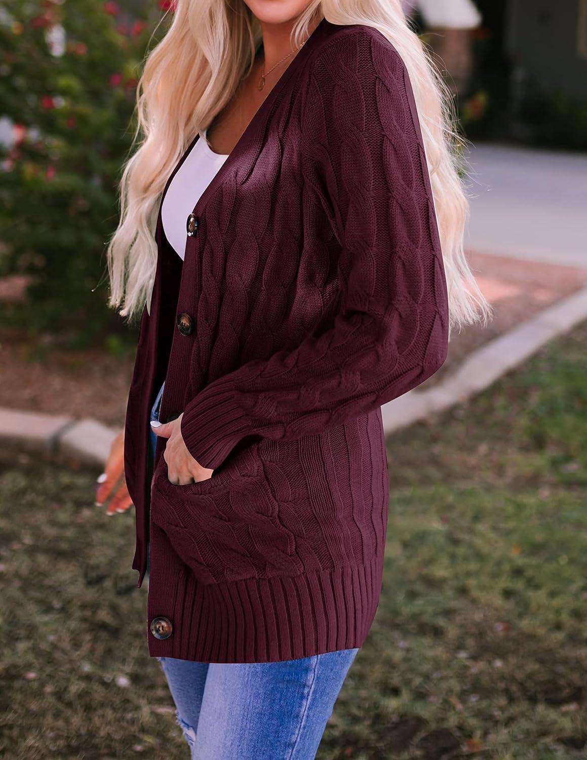 imageZESICA Womens Cardigan Sweaters Fall Button Down Open Front Cable Knit Casual Trendy Winter Clothing OuterwearBurgundy
