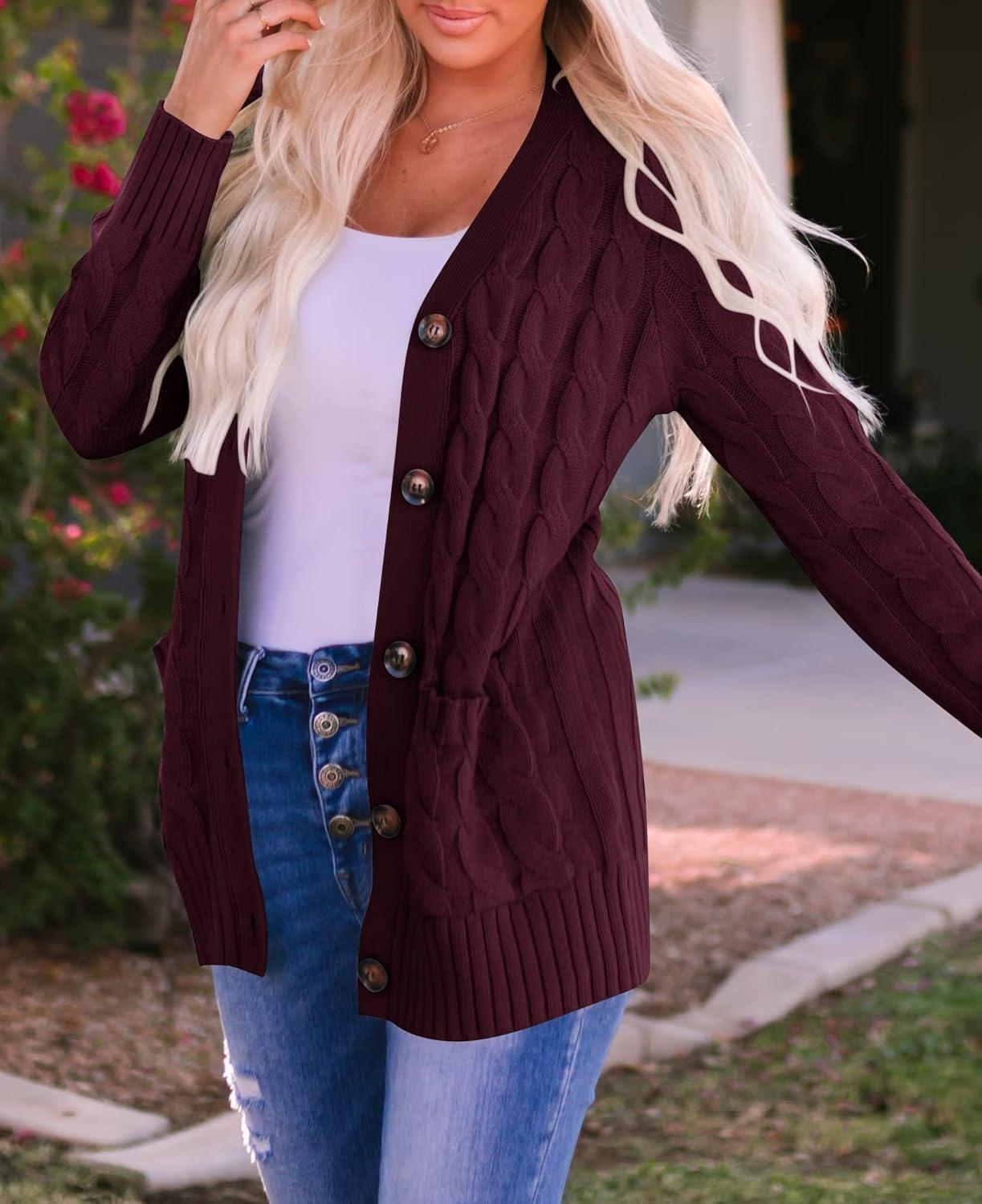 imageZESICA Womens Cardigan Sweaters Fall Button Down Open Front Cable Knit Casual Trendy Winter Clothing OuterwearBurgundy