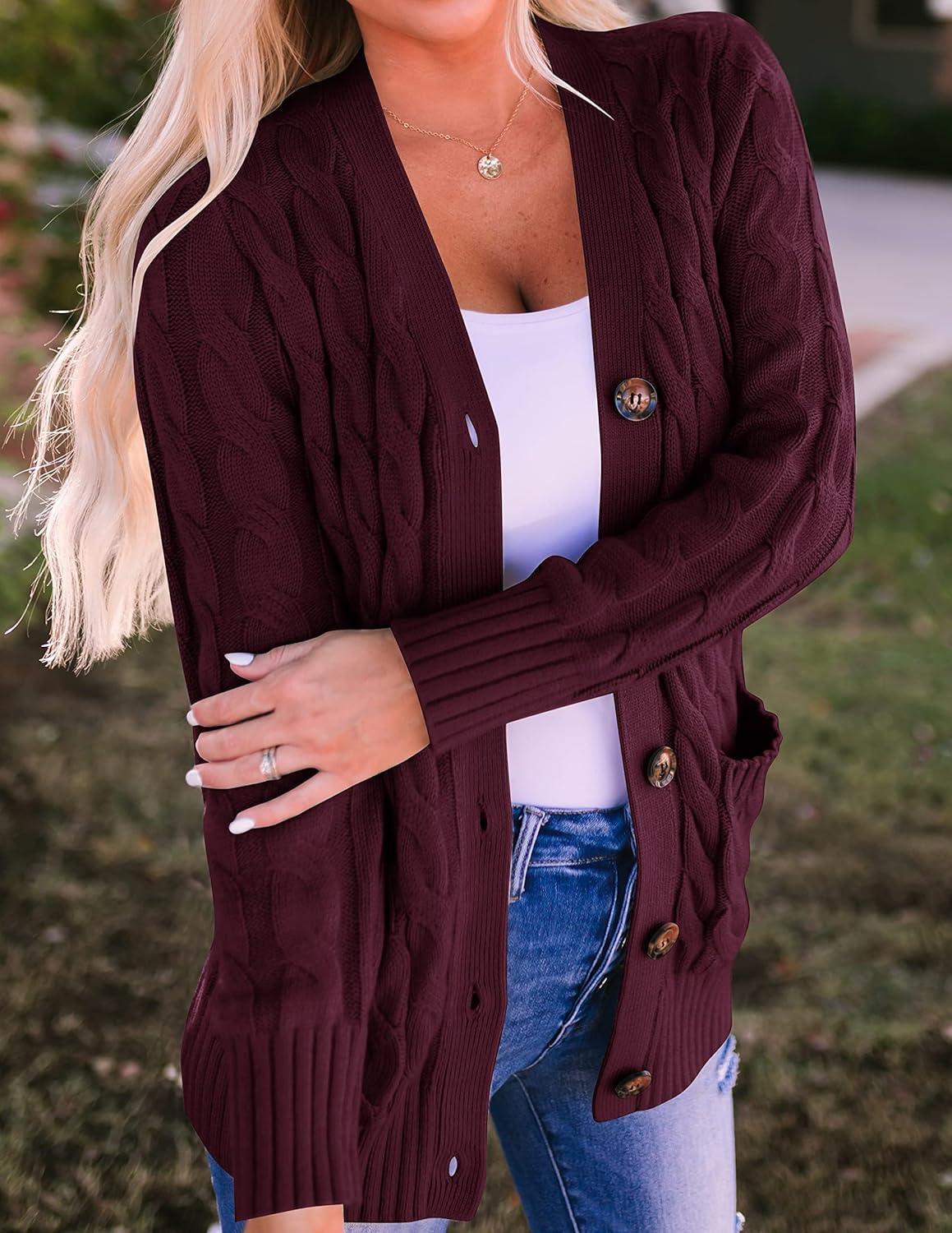 imageZESICA Womens Cardigan Sweaters Fall Button Down Open Front Cable Knit Casual Trendy Winter Clothing OuterwearBurgundy