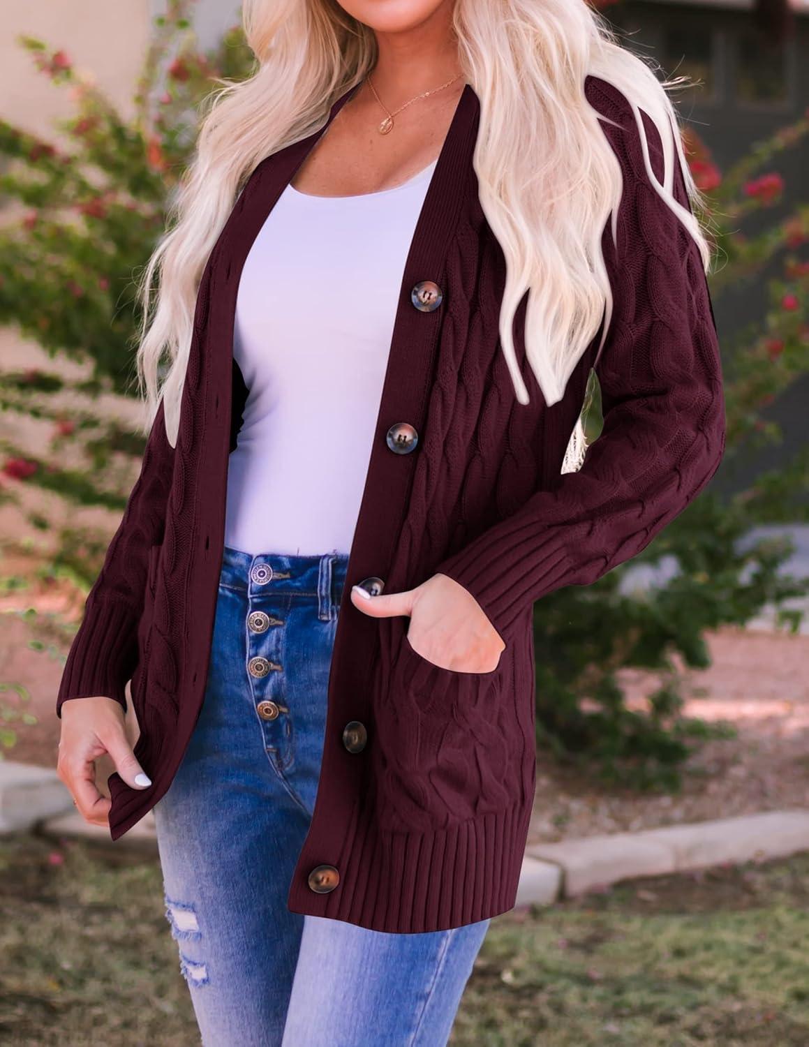 imageZESICA Womens Cardigan Sweaters Fall Button Down Open Front Cable Knit Casual Trendy Winter Clothing OuterwearBurgundy