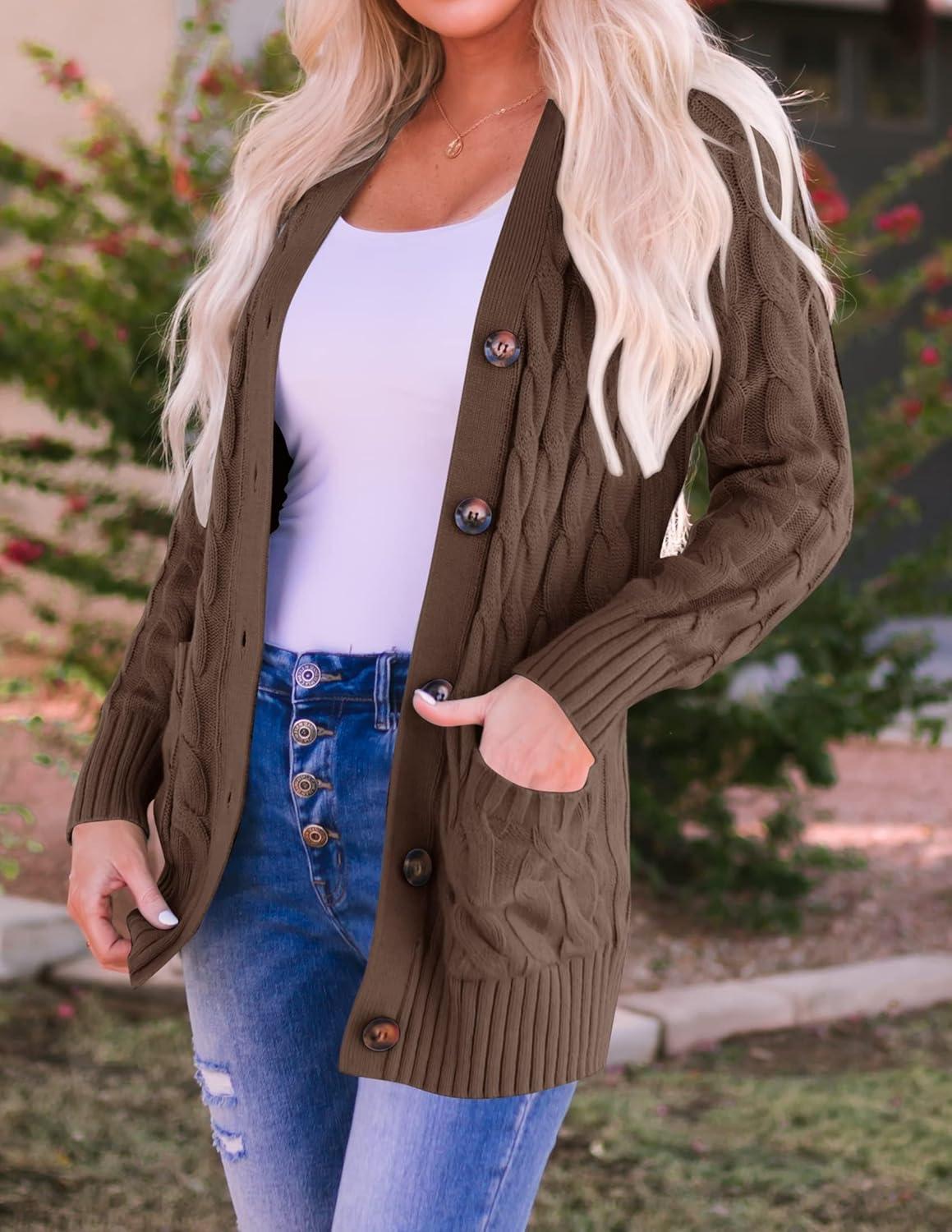 imageZESICA Womens Cardigan Sweaters Fall Button Down Open Front Cable Knit Casual Trendy Winter Clothing OuterwearCoffee