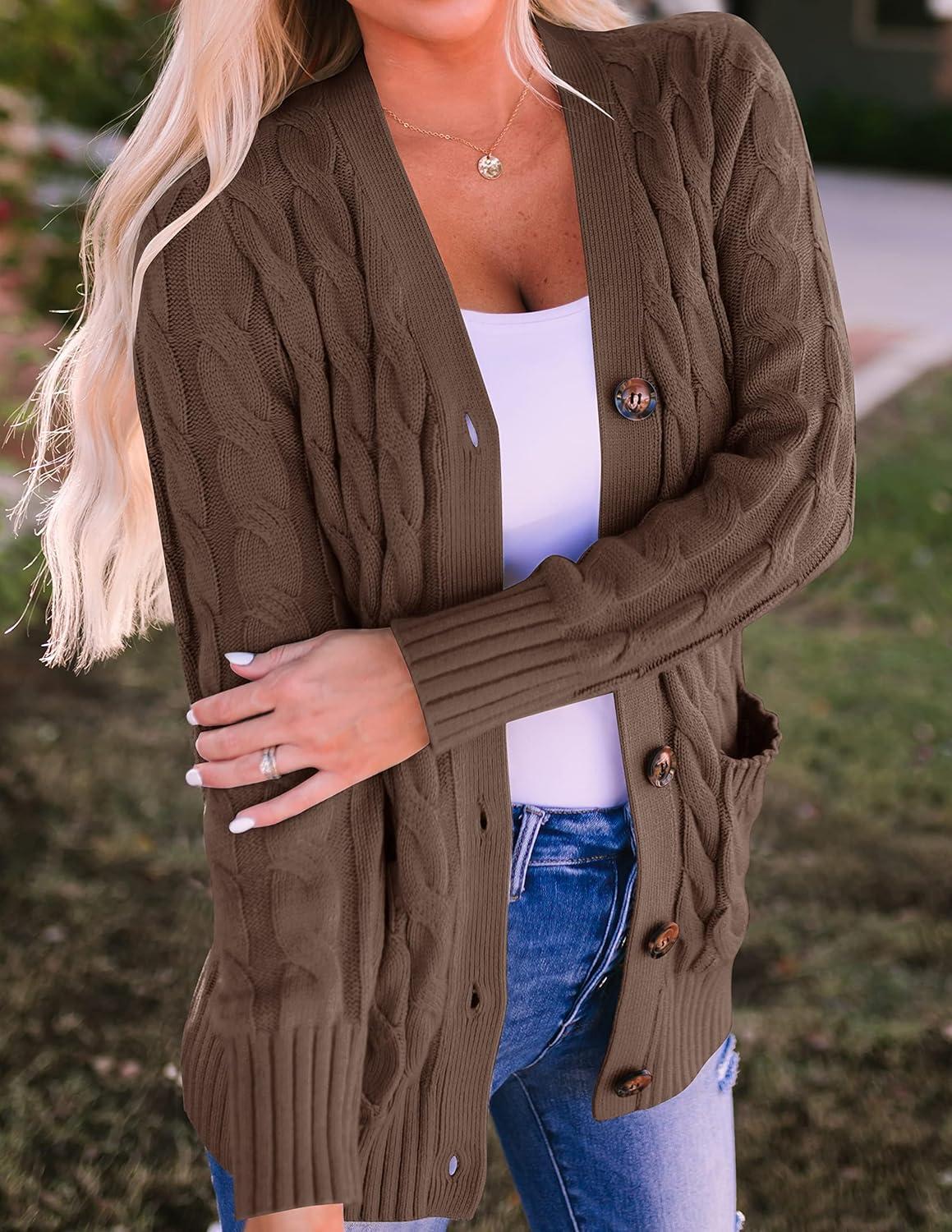 imageZESICA Womens Cardigan Sweaters Fall Button Down Open Front Cable Knit Casual Trendy Winter Clothing OuterwearCoffee