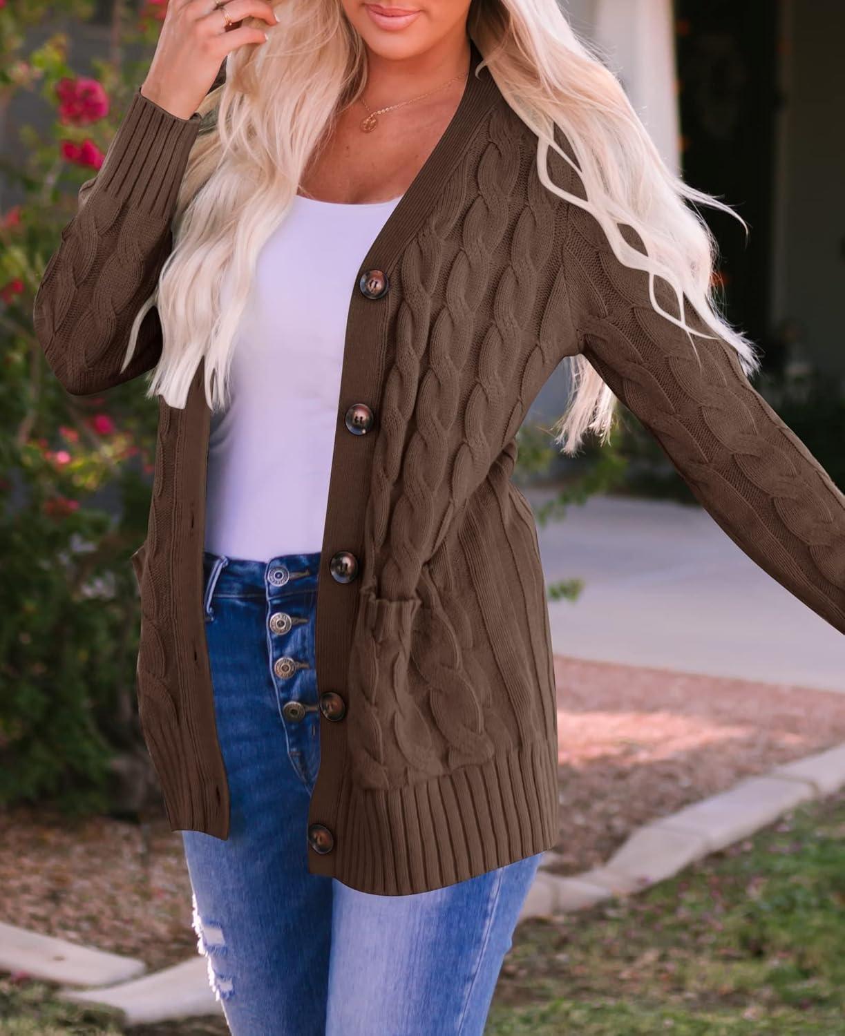imageZESICA Womens Cardigan Sweaters Fall Button Down Open Front Cable Knit Casual Trendy Winter Clothing OuterwearCoffee