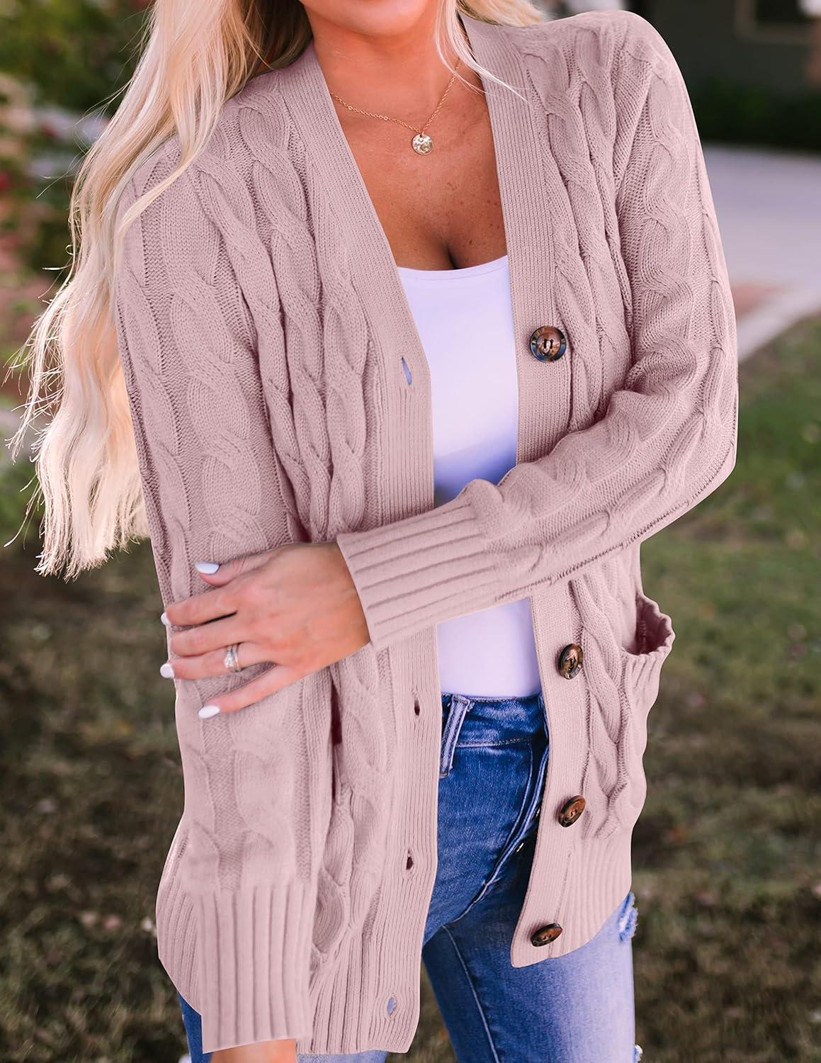 imageZESICA Womens Cardigan Sweaters Fall Button Down Open Front Cable Knit Casual Trendy Winter Clothing OuterwearDustypink
