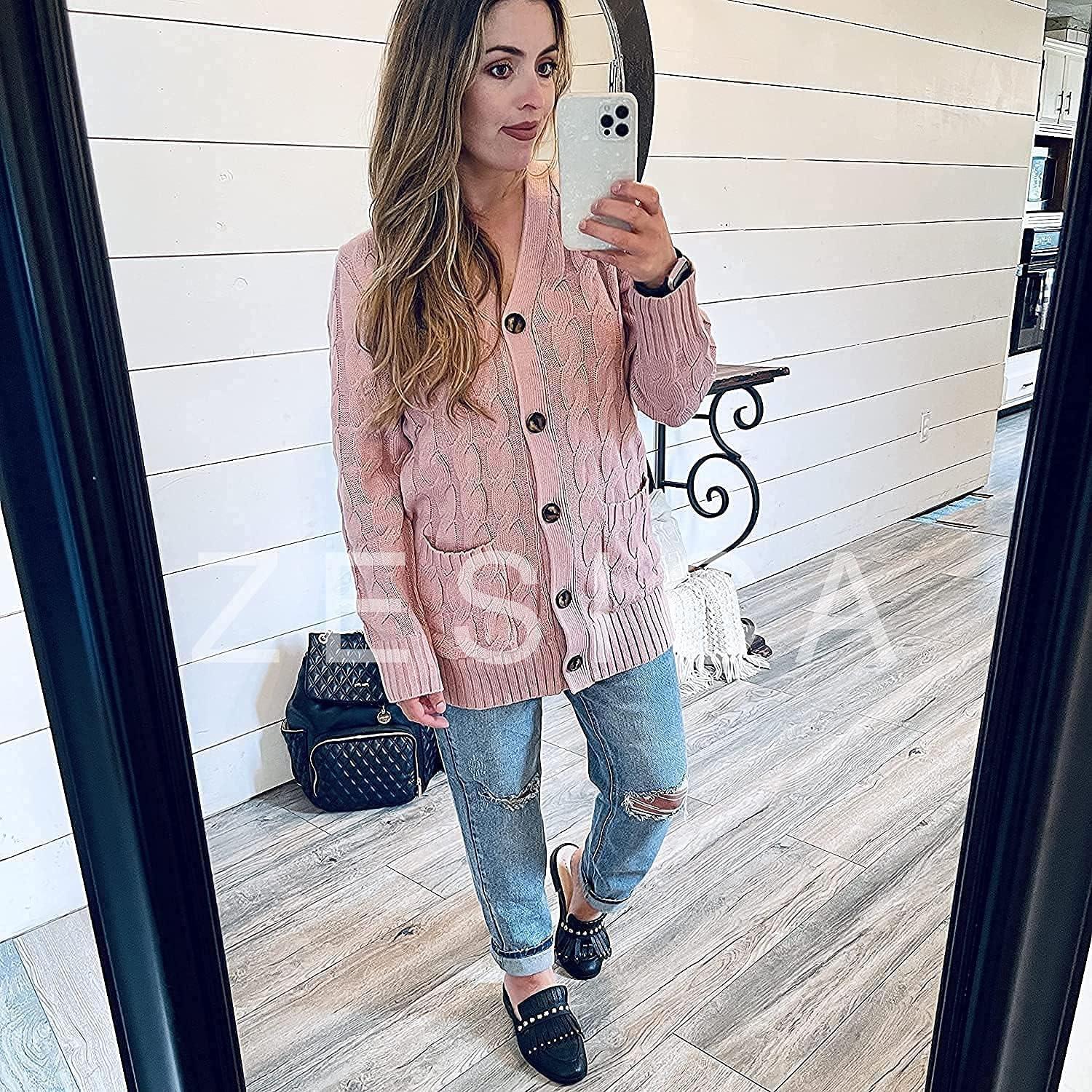imageZESICA Womens Cardigan Sweaters Fall Button Down Open Front Cable Knit Casual Trendy Winter Clothing OuterwearDustypink