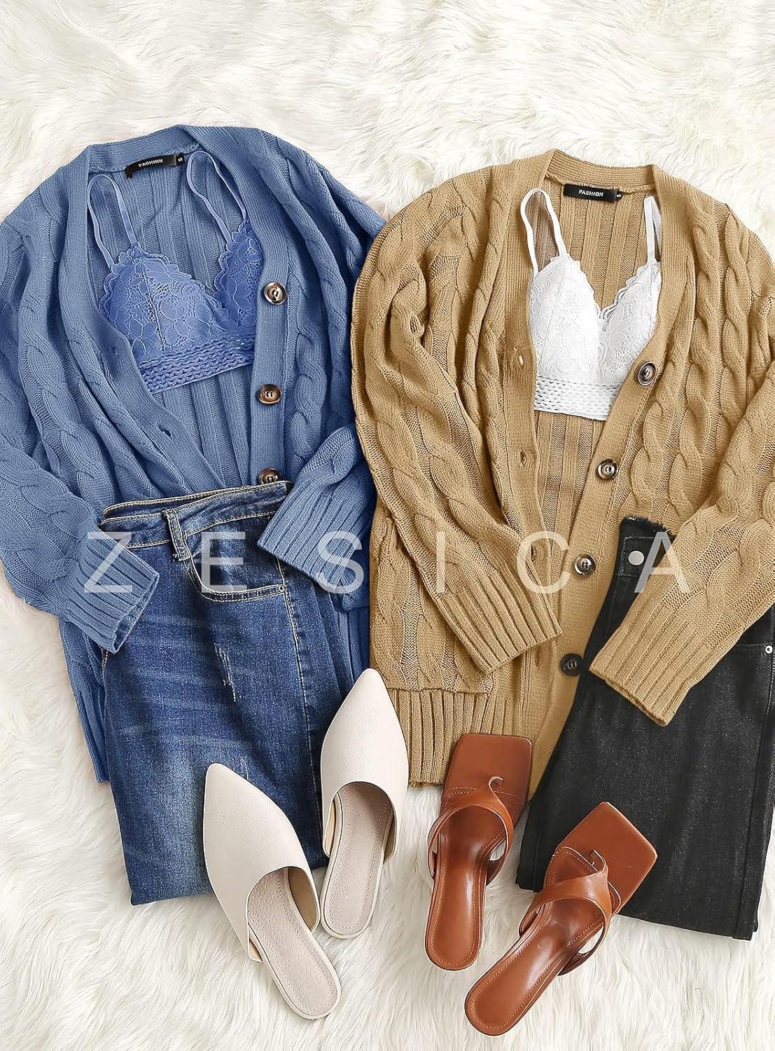 imageZESICA Womens Cardigan Sweaters Fall Button Down Open Front Cable Knit Casual Trendy Winter Clothing OuterwearKhaki