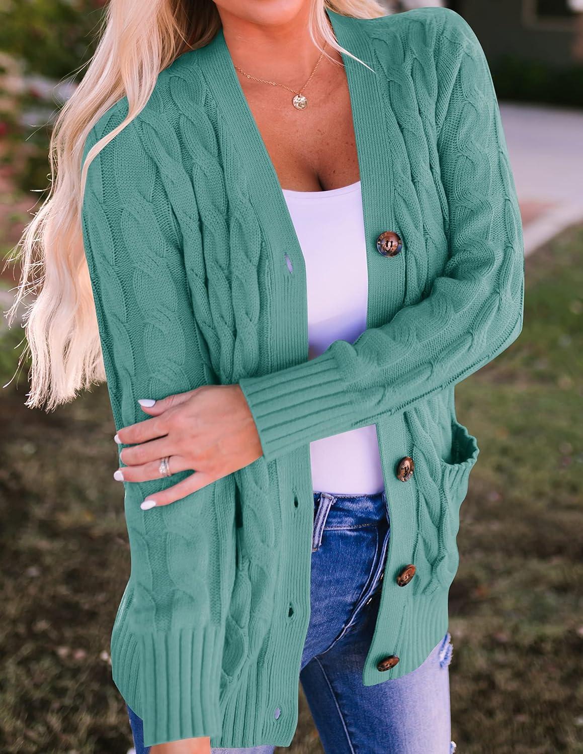 imageZESICA Womens Cardigan Sweaters Fall Button Down Open Front Cable Knit Casual Trendy Winter Clothing OuterwearLakegreen