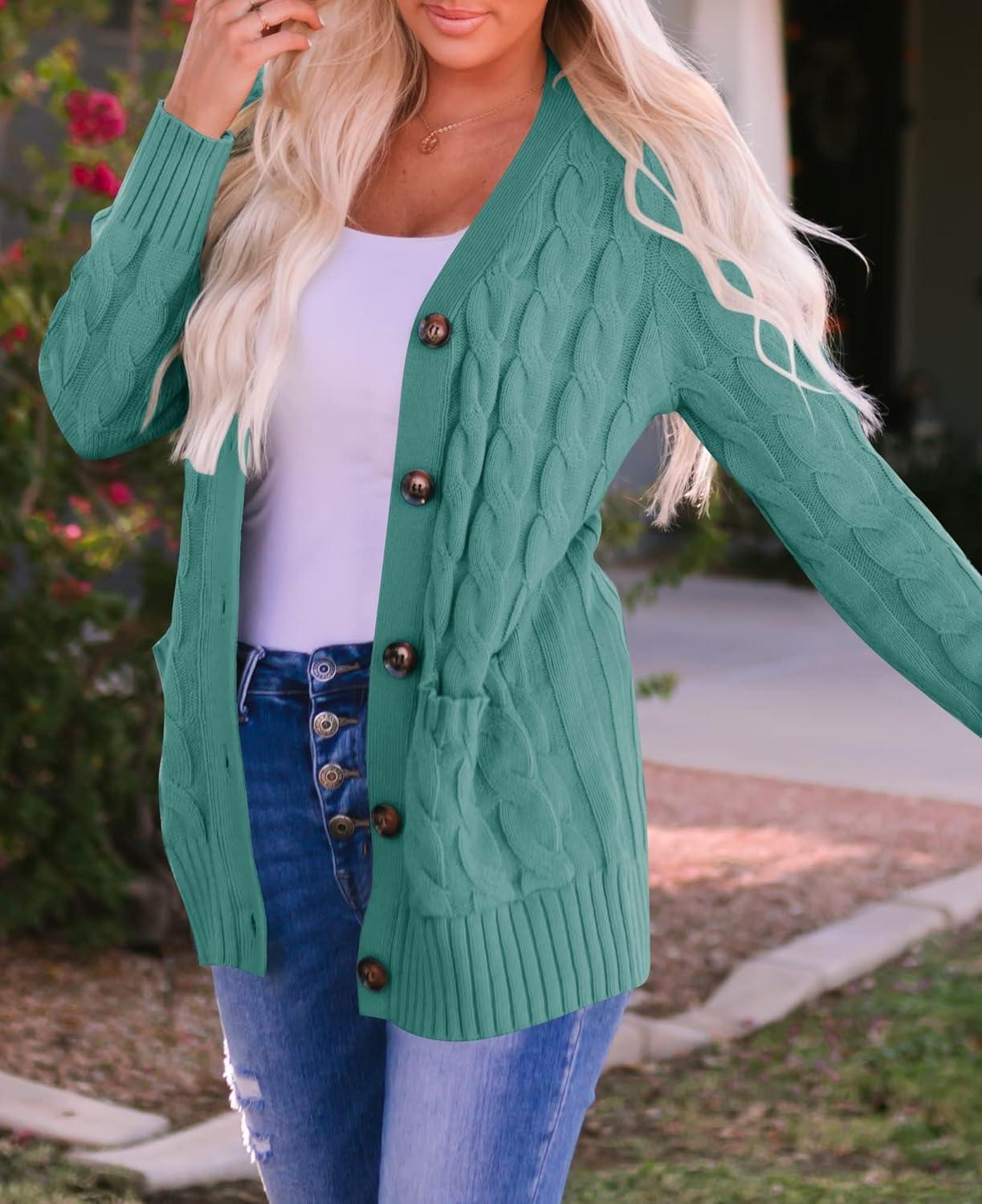 imageZESICA Womens Cardigan Sweaters Fall Button Down Open Front Cable Knit Casual Trendy Winter Clothing OuterwearLakegreen