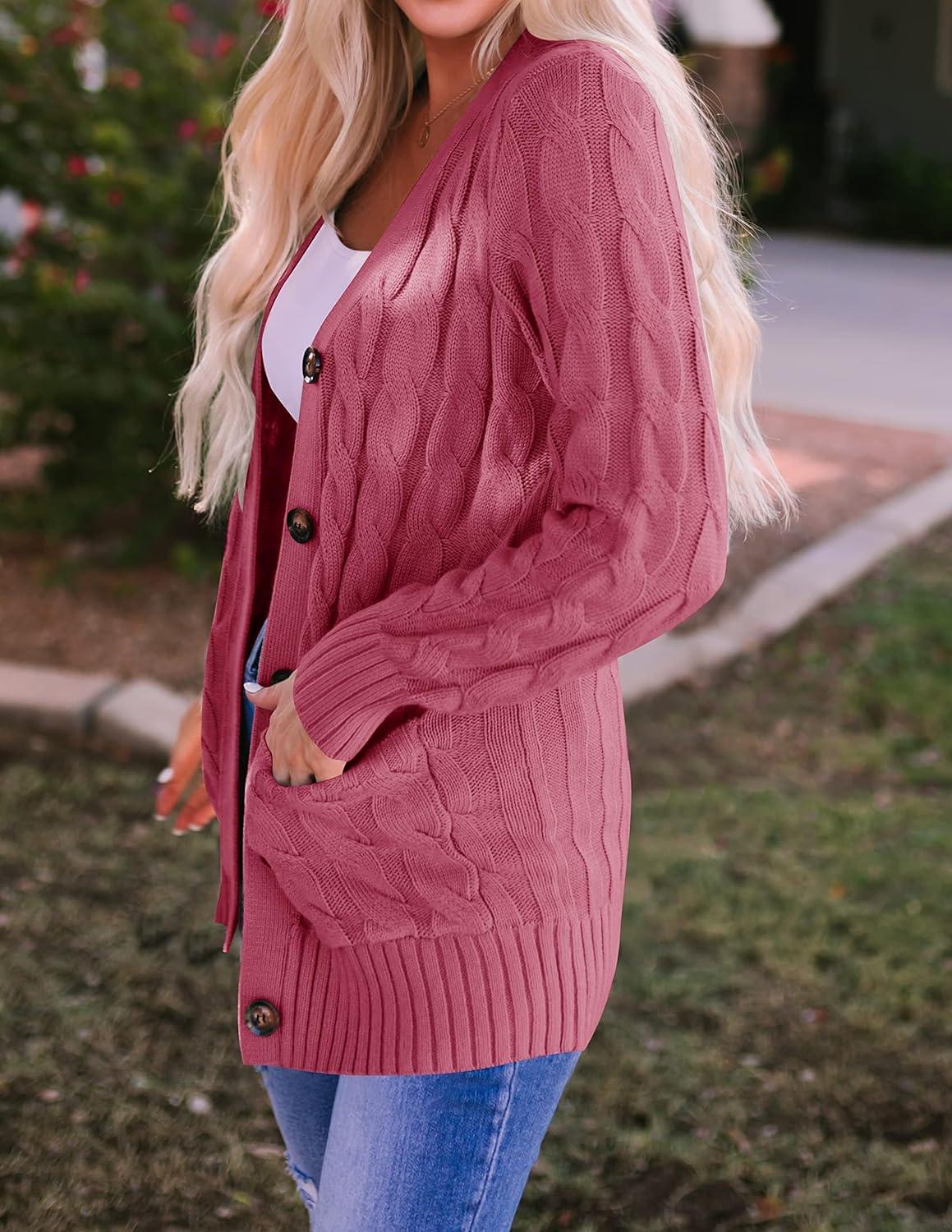 imageZESICA Womens Cardigan Sweaters Fall Button Down Open Front Cable Knit Casual Trendy Winter Clothing OuterwearMaroon