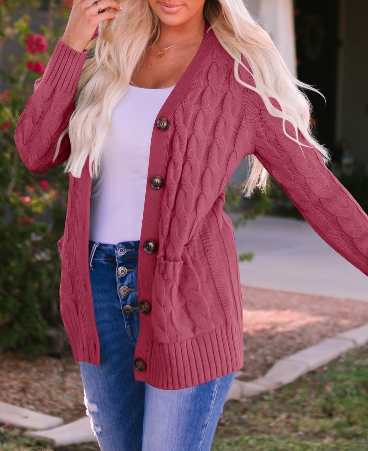imageZESICA Womens Cardigan Sweaters Fall Button Down Open Front Cable Knit Casual Trendy Winter Clothing OuterwearMaroon