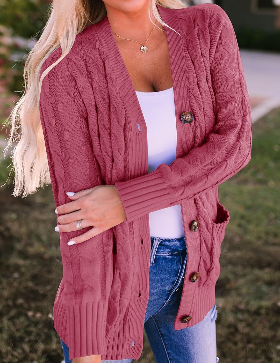 imageZESICA Womens Cardigan Sweaters Fall Button Down Open Front Cable Knit Casual Trendy Winter Clothing OuterwearMaroon