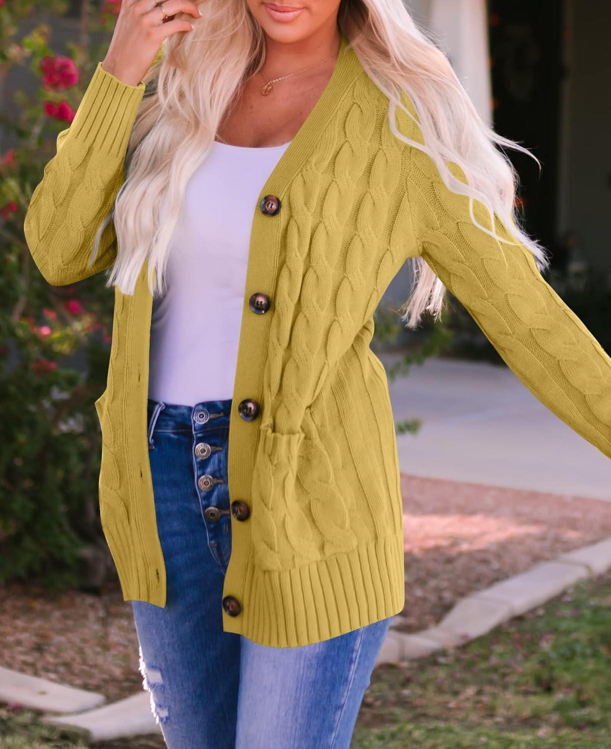 imageZESICA Womens Cardigan Sweaters Fall Button Down Open Front Cable Knit Casual Trendy Winter Clothing OuterwearMustard