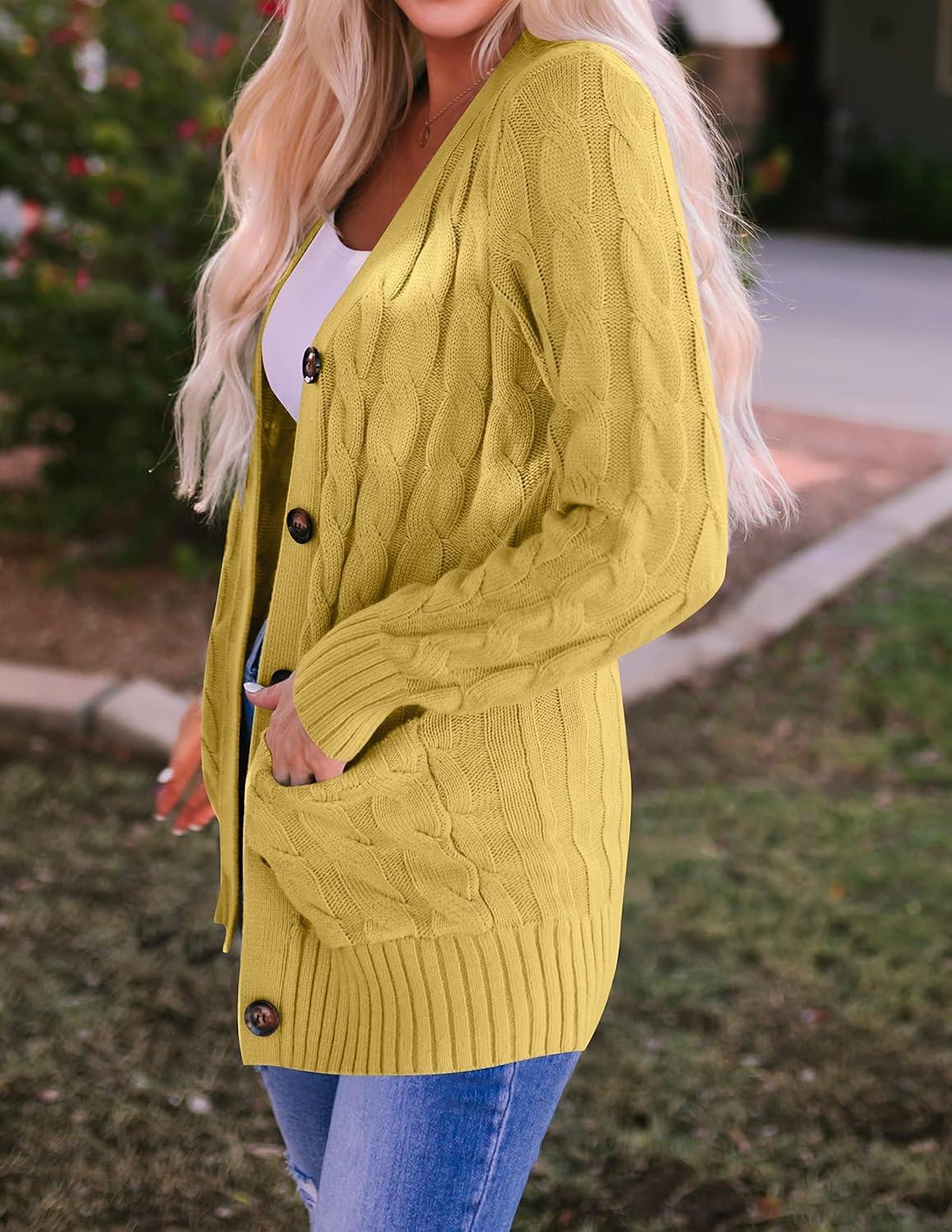 imageZESICA Womens Cardigan Sweaters Fall Button Down Open Front Cable Knit Casual Trendy Winter Clothing OuterwearMustard