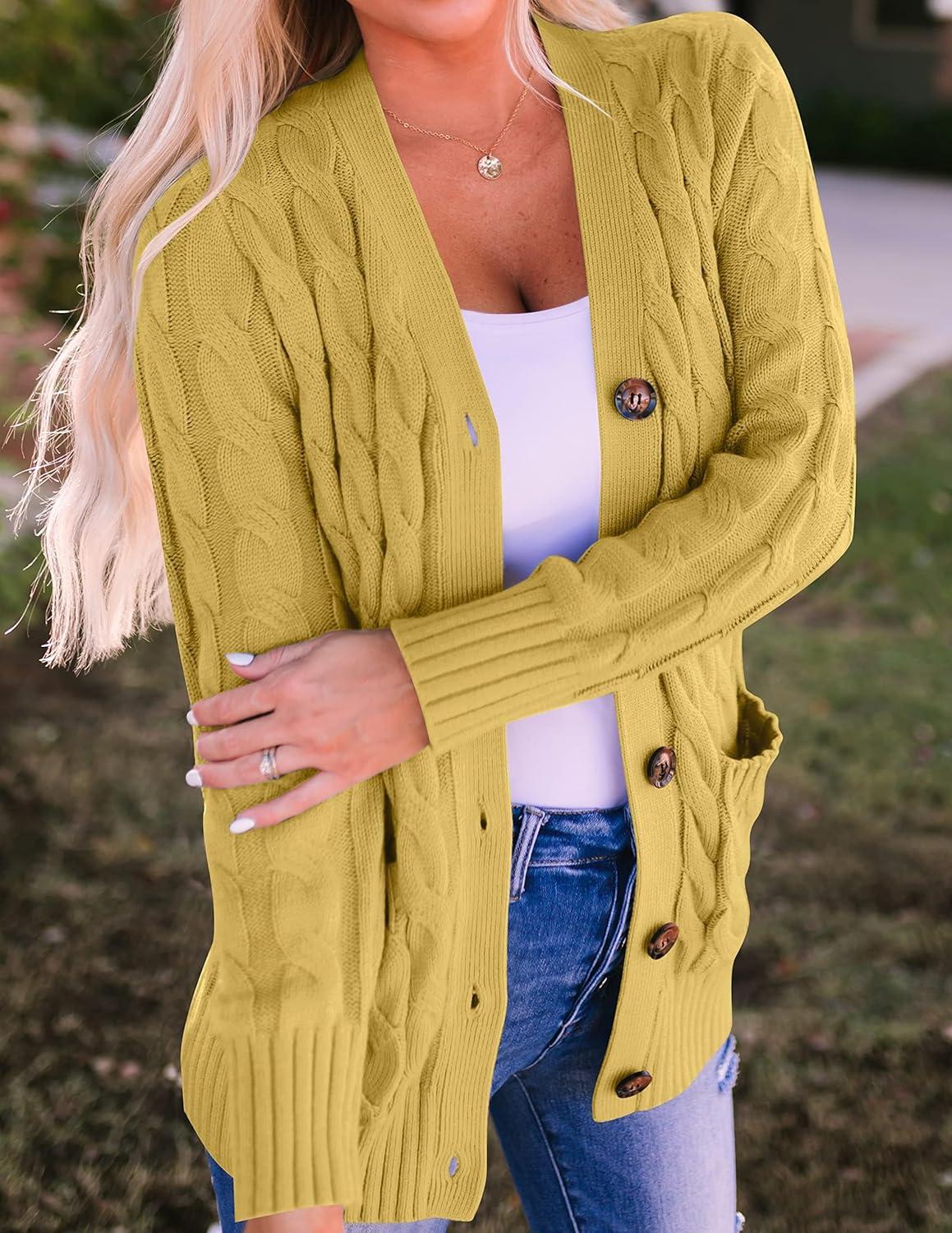 imageZESICA Womens Cardigan Sweaters Fall Button Down Open Front Cable Knit Casual Trendy Winter Clothing OuterwearMustard