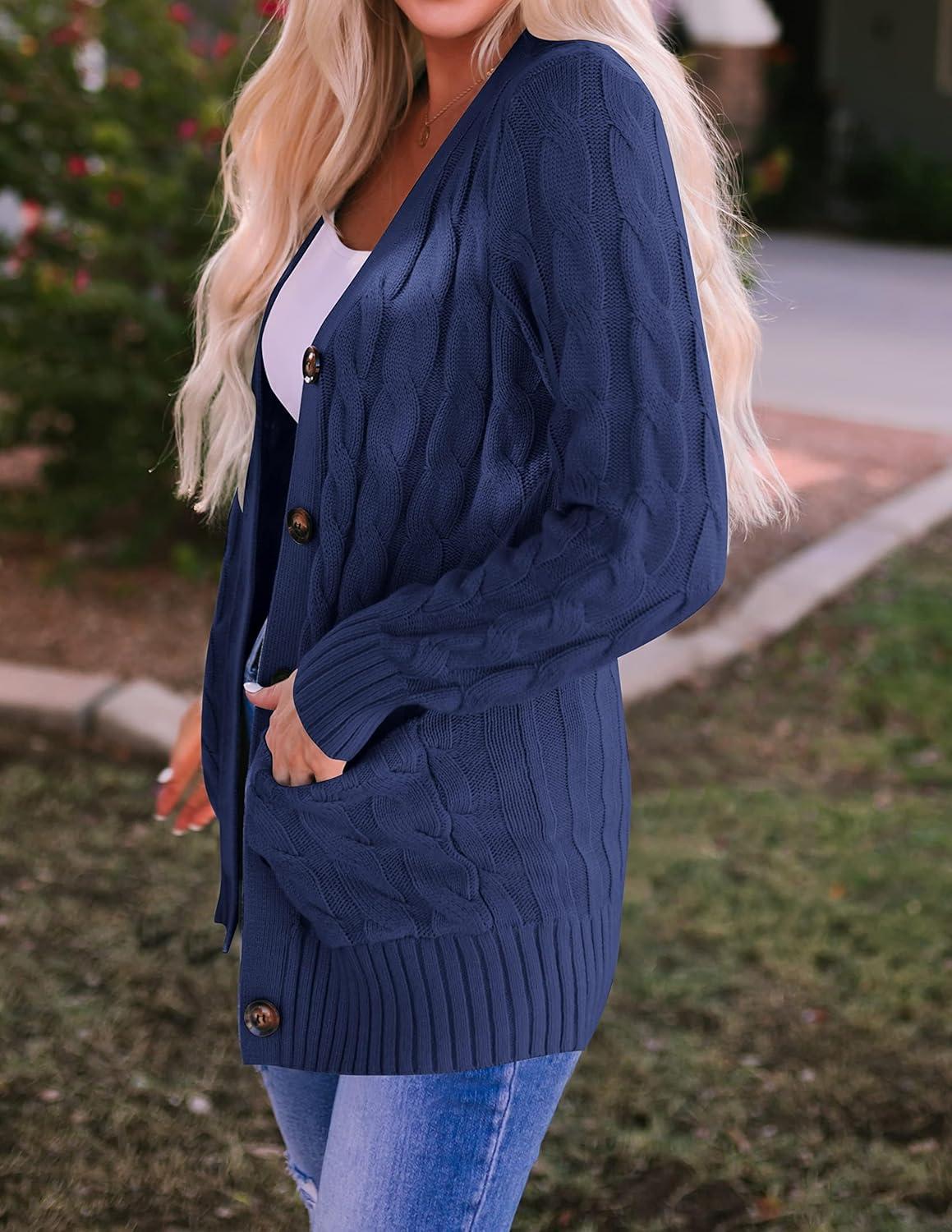 imageZESICA Womens Cardigan Sweaters Fall Button Down Open Front Cable Knit Casual Trendy Winter Clothing OuterwearNavy