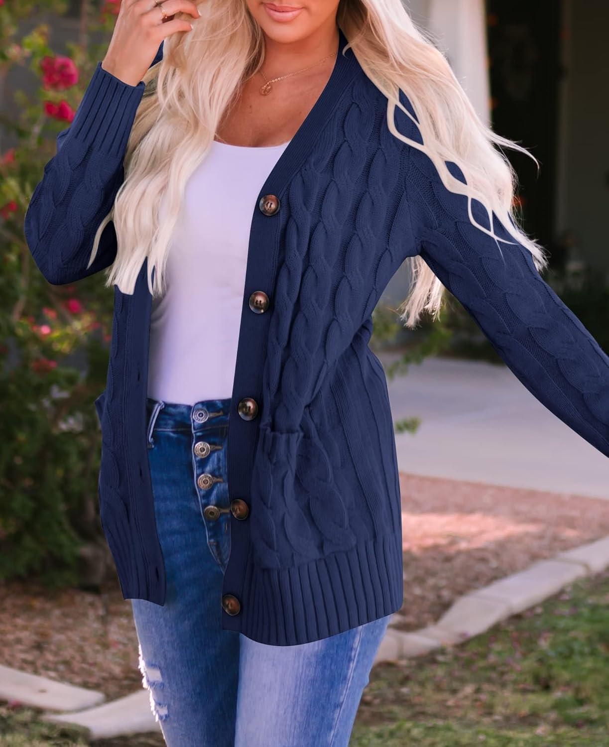 imageZESICA Womens Cardigan Sweaters Fall Button Down Open Front Cable Knit Casual Trendy Winter Clothing OuterwearNavy