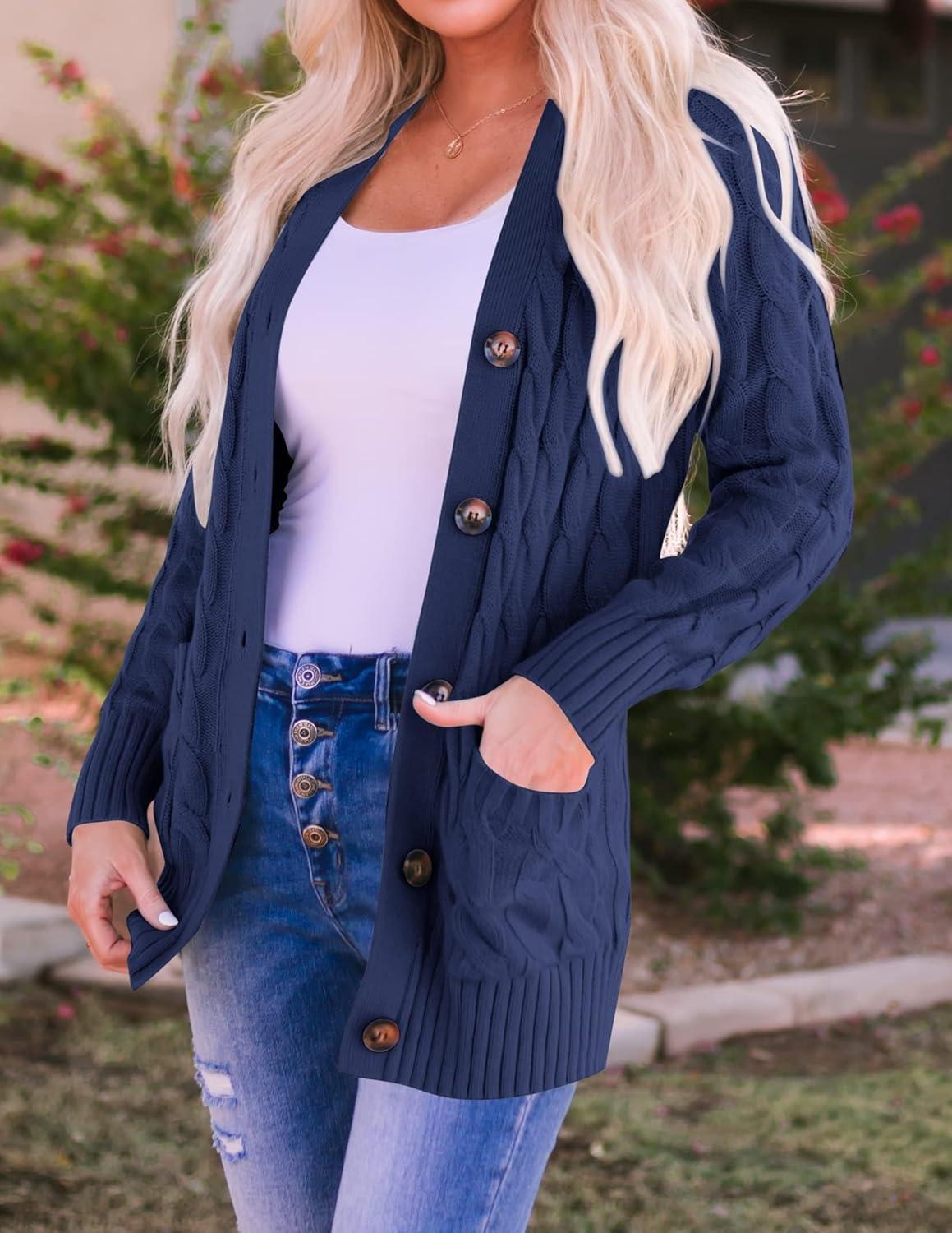 imageZESICA Womens Cardigan Sweaters Fall Button Down Open Front Cable Knit Casual Trendy Winter Clothing OuterwearNavy