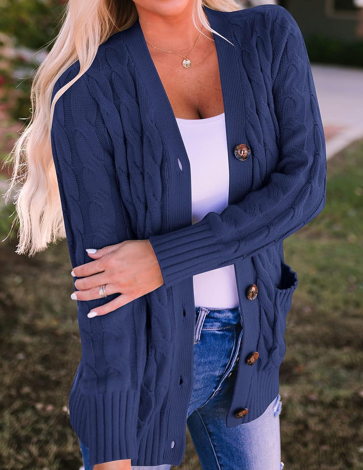 imageZESICA Womens Cardigan Sweaters Fall Button Down Open Front Cable Knit Casual Trendy Winter Clothing OuterwearNavy