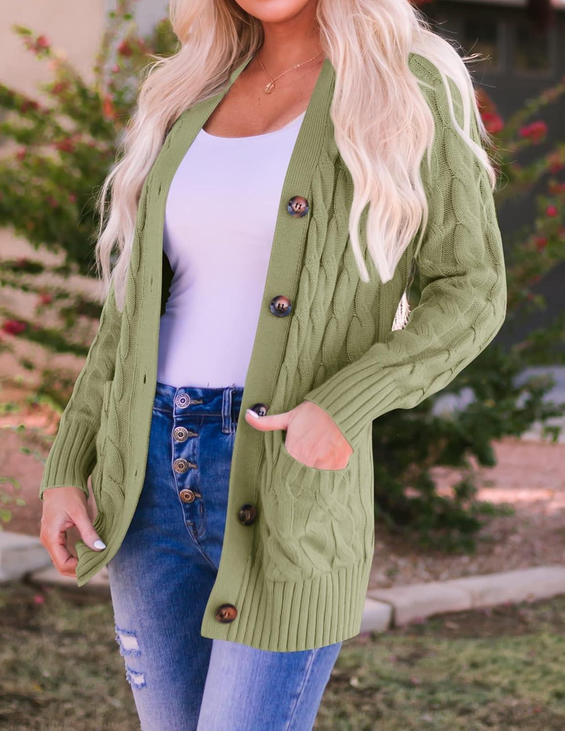imageZESICA Womens Cardigan Sweaters Fall Button Down Open Front Cable Knit Casual Trendy Winter Clothing OuterwearOlive