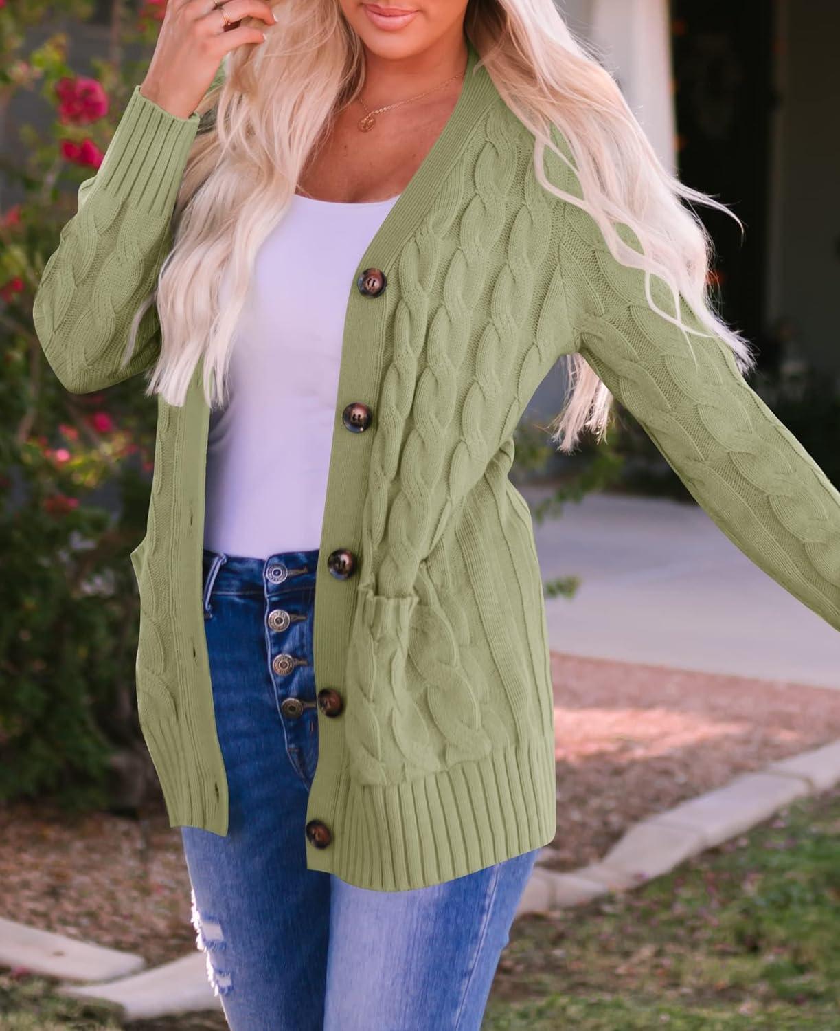 imageZESICA Womens Cardigan Sweaters Fall Button Down Open Front Cable Knit Casual Trendy Winter Clothing OuterwearOlive