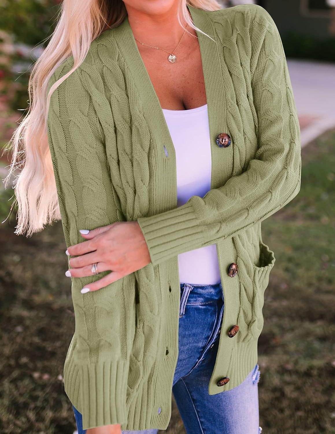 imageZESICA Womens Cardigan Sweaters Fall Button Down Open Front Cable Knit Casual Trendy Winter Clothing OuterwearOlive