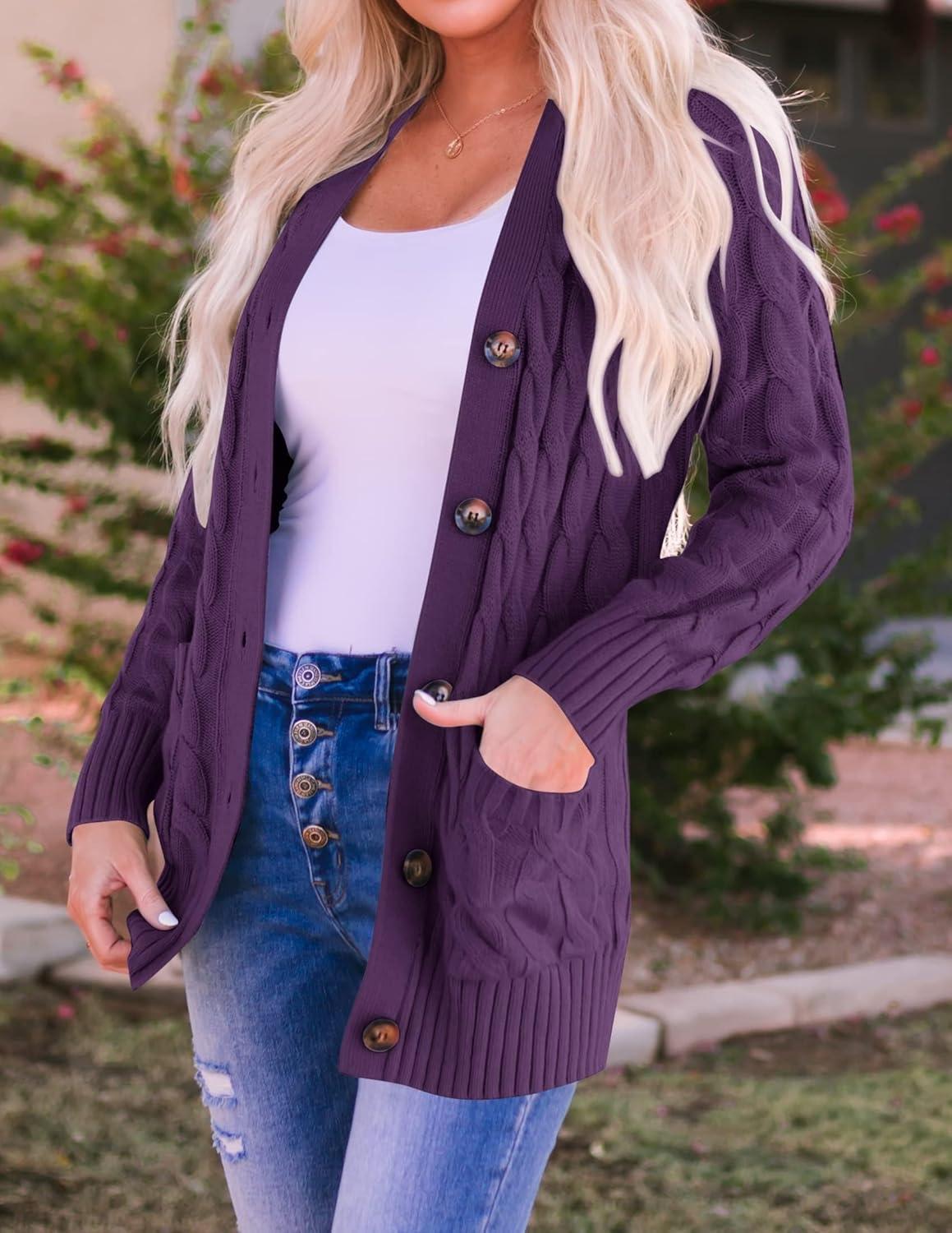 imageZESICA Womens Cardigan Sweaters Fall Button Down Open Front Cable Knit Casual Trendy Winter Clothing OuterwearPlum