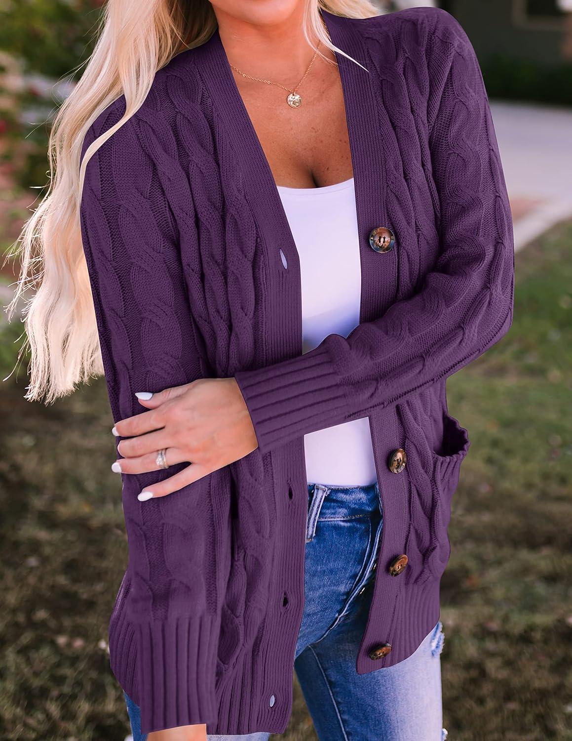imageZESICA Womens Cardigan Sweaters Fall Button Down Open Front Cable Knit Casual Trendy Winter Clothing OuterwearPlum