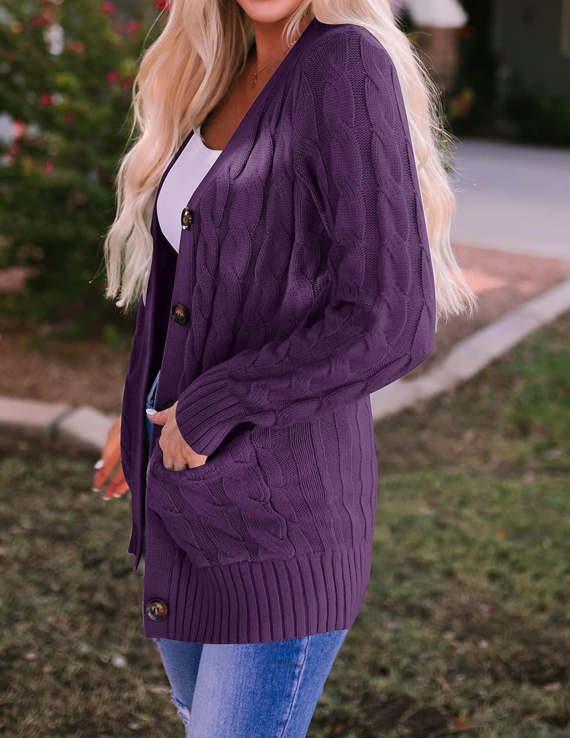imageZESICA Womens Cardigan Sweaters Fall Button Down Open Front Cable Knit Casual Trendy Winter Clothing OuterwearPlum
