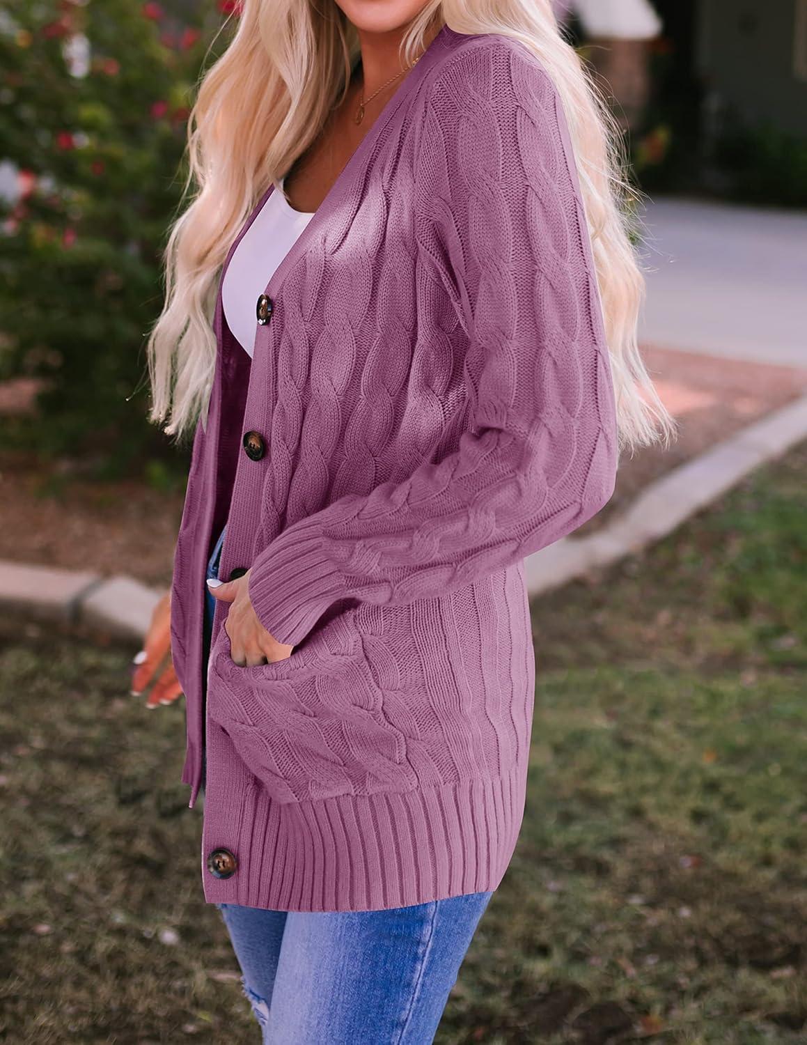 imageZESICA Womens Cardigan Sweaters Fall Button Down Open Front Cable Knit Casual Trendy Winter Clothing OuterwearPurple