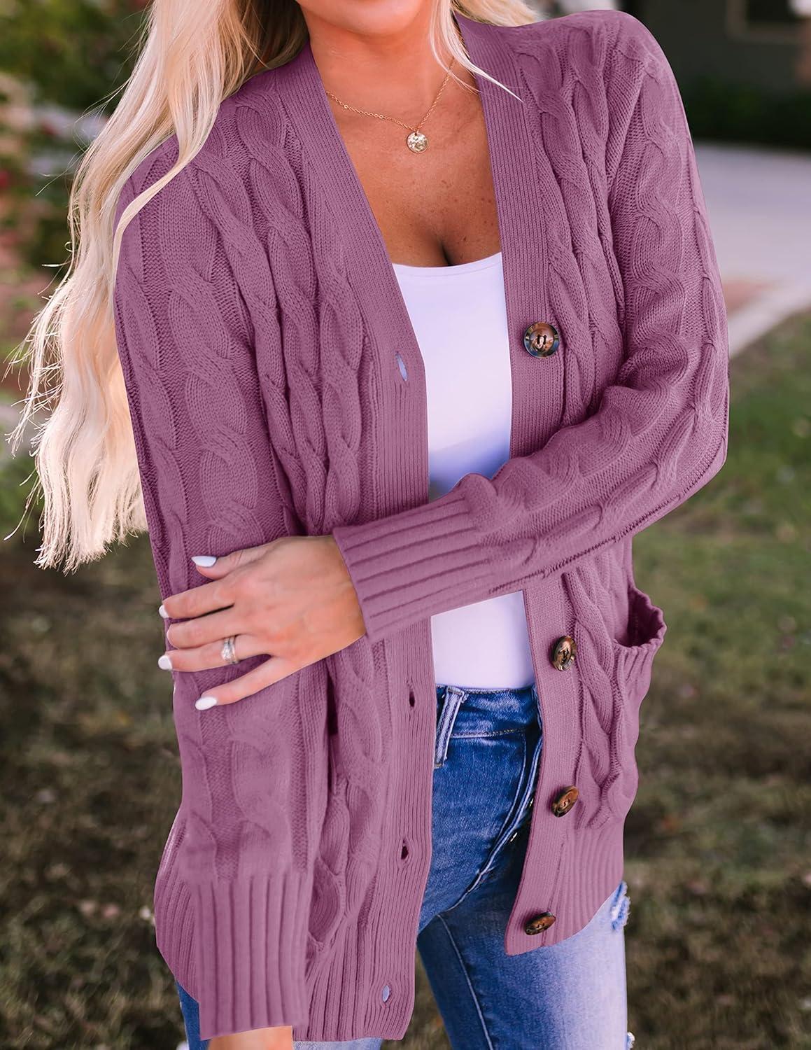 imageZESICA Womens Cardigan Sweaters Fall Button Down Open Front Cable Knit Casual Trendy Winter Clothing OuterwearPurple